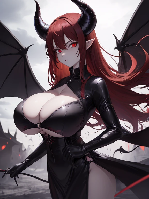 absurdres, highres, ultra detailed, night, solo focus, cowboy shot, from bellow,
1girl, demon horns, demon tail, demon wings, red hair, red eyes, slit pupils, glowing eyes, (huge breasts:1.5), pale skin, aura, looking at viewer, standing, raised hair, wind, flying hair, black background, serious,