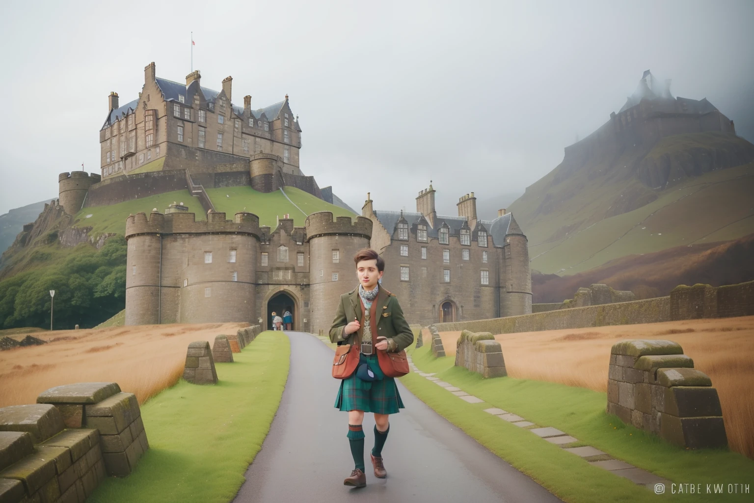 1970s Scottish Castle Exploration (Location: Edinburgh): Imagine a tween boy with freckles and a tartan scarf, dressed in a worn explorer jacket, embarking on a solo adventure through the misty grounds of an Edinburgh castle. Capture the mystery and charm of the Scottish castle in Wes Anderson's tranquil color palette, infusing a sense of wonder into the historic setting.