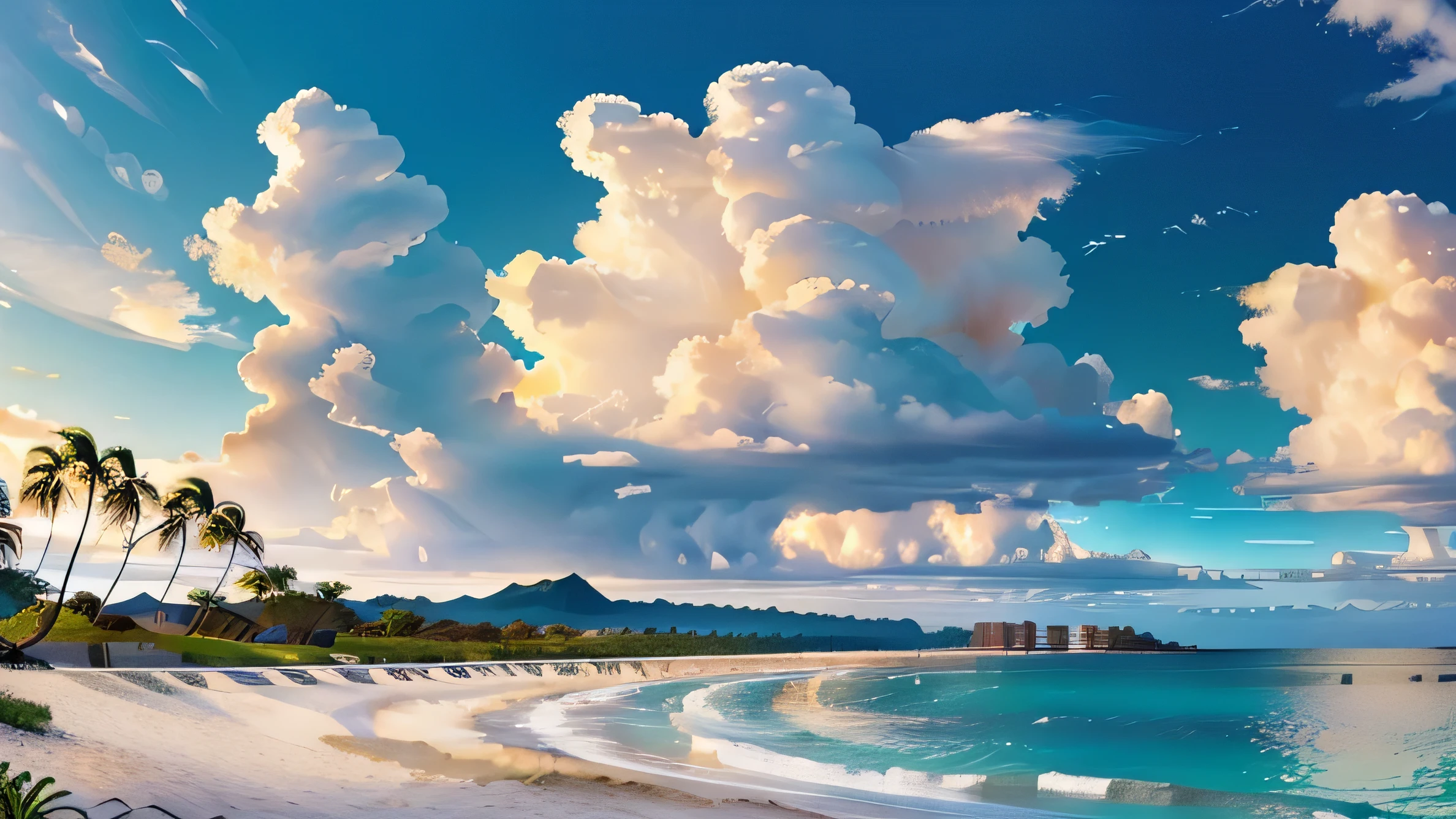 prompt: very detailed panorama of a beautiful beach, islands in the distance, few clouds, and palmtrees,
(((Hi res, HDR, HD, 4K, 8k))), fill lighting, thin and delicate line, 