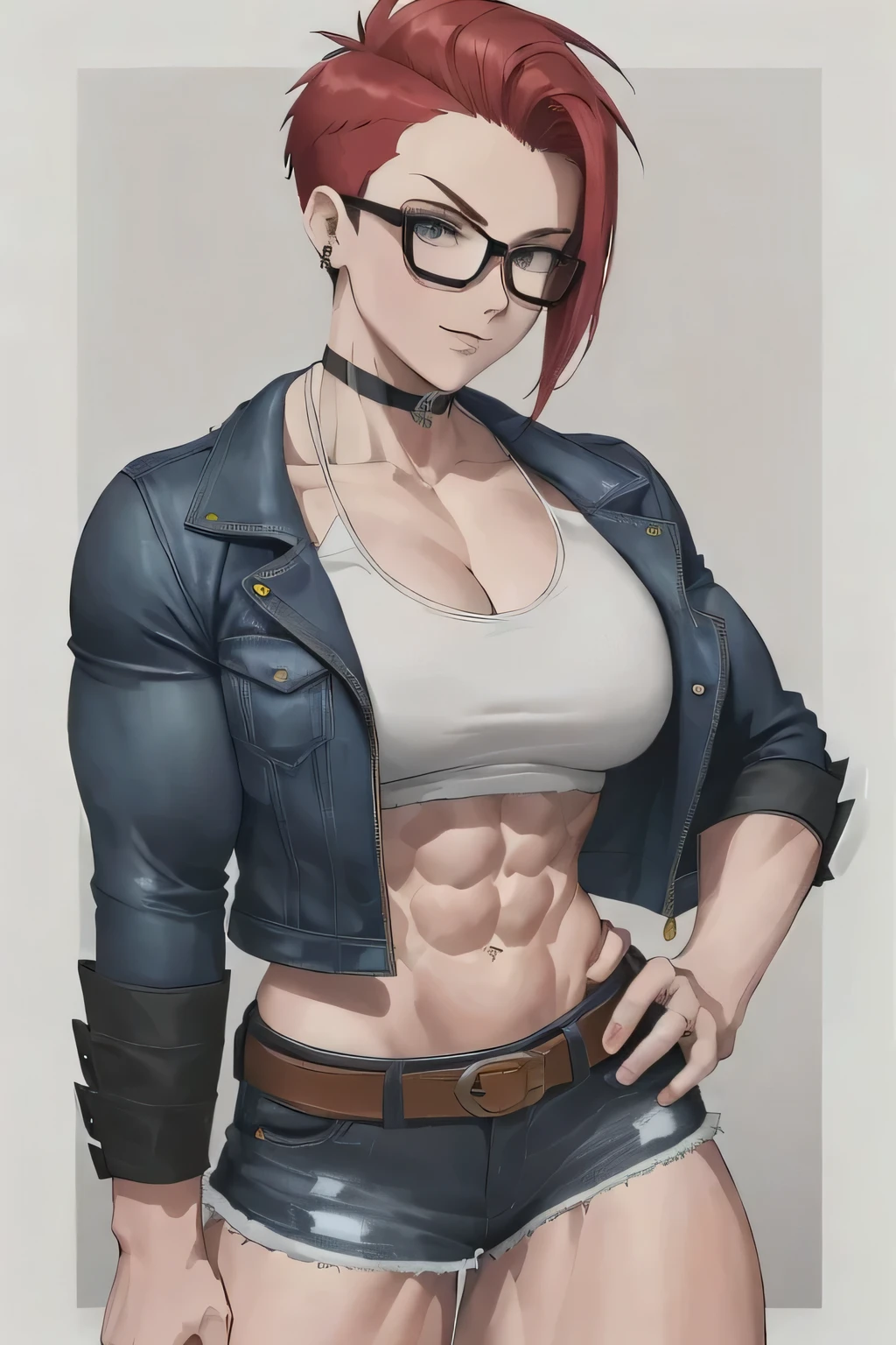 Anime girl with red hair and glasses posing for a photo, Muscular! cyberpunk, commission высокого разрешения, female main character 👀 :8, extremely detailed art embryo, Muscular girl, OK, commission, detailed drawing of an anime character, full-length short portrait!, diesel punk woman, female cyberpunk anime girl, artgerm style, anime style character, cyberpunk anime girl, ((white background with yellow stripes 1)), ((blue eyes 1)),