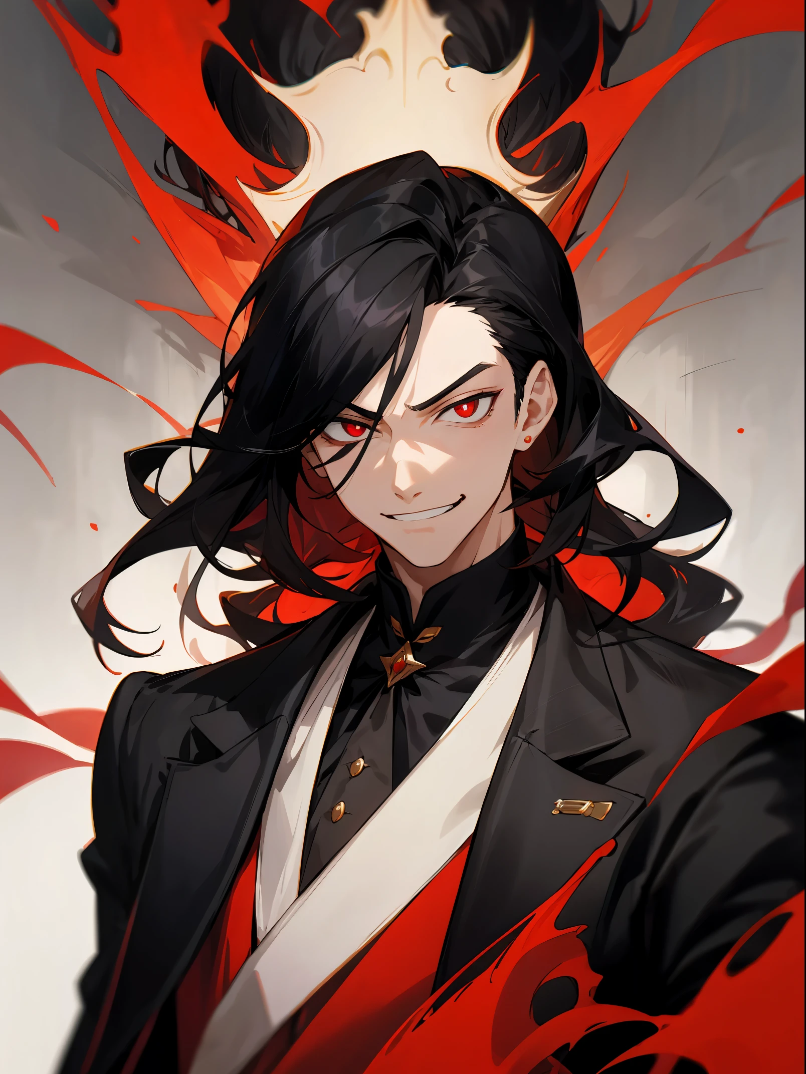 tmasterpiece, beste-Qualit, 1boy, aristocrat, portraite of a, upper-body, tailcoat, hairlong, black hair, smirk, red pupils, 血, insane