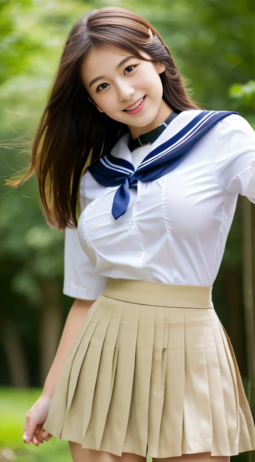 (highest quality,8K,High resolution:1.2),(beautiful realistic:1.6)、(cute japanese girl:1.4),(huge breasts:1.25),(glamorous body),(school uniform,Bree,pleated super mini skirt,sailor collar,white shirt:1.2)、、Professional、(The joy of being my beloved woman、Heart rate)、Happy、full of energy、forest park、Refreshing morning、lift the skirt、gravure、