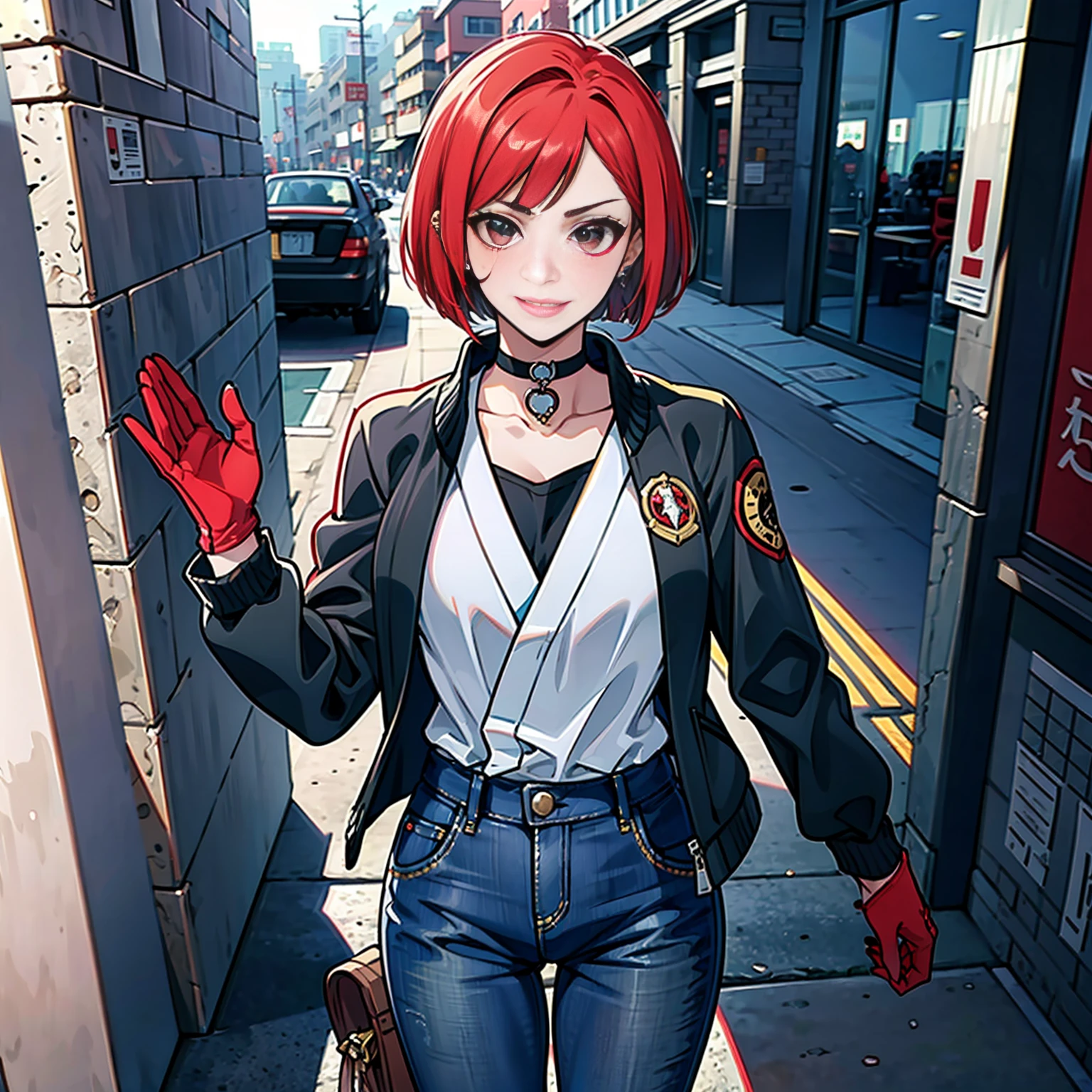 in the art style of persona5 and in the art style of street of rage 4, delinquent, (sukeban), mature_female, blush, mature, older woman, 25 years old, Sukeban teacher outfit, (1girl, solo female, solo, solo focus)++++, choker, sukeban teacher, sukeban fighter, long_sleeves, open jacket, blue jacket,( jean)+++, light skin tone female, (full body)+++++, jacket, biker jacket, tape, arm_support, gloves, red_gloves, bridal gauntlets, nail polish, boots, black_footwear, fighter outfit, (full body)+++++++, hourglass, mature face, cheeky smile, cheeky face, wrinkles, (red hair, short hair, bob cut, earrings, ear piercings), red eyeighting art, Martial arts, standing, fighting_stance, fight, fighting), extra colors, 2D, megapixel, perfectionism, accent lighting, full HD , (Masterpiece:1.2), (full-body-shot:1),(cowboy shot:1.2), (Highly detailed:1.2),(anime Detailed Face:1.2), Colorful, A detailed eye, (Detailed landscape:1.2), (natural lighting:1.2), ((sukeban school teacher)) by Vincent Di Fate: Aidyllery, Anamorphic Shot, rule of thirds, face by Artgerm and WLOP,