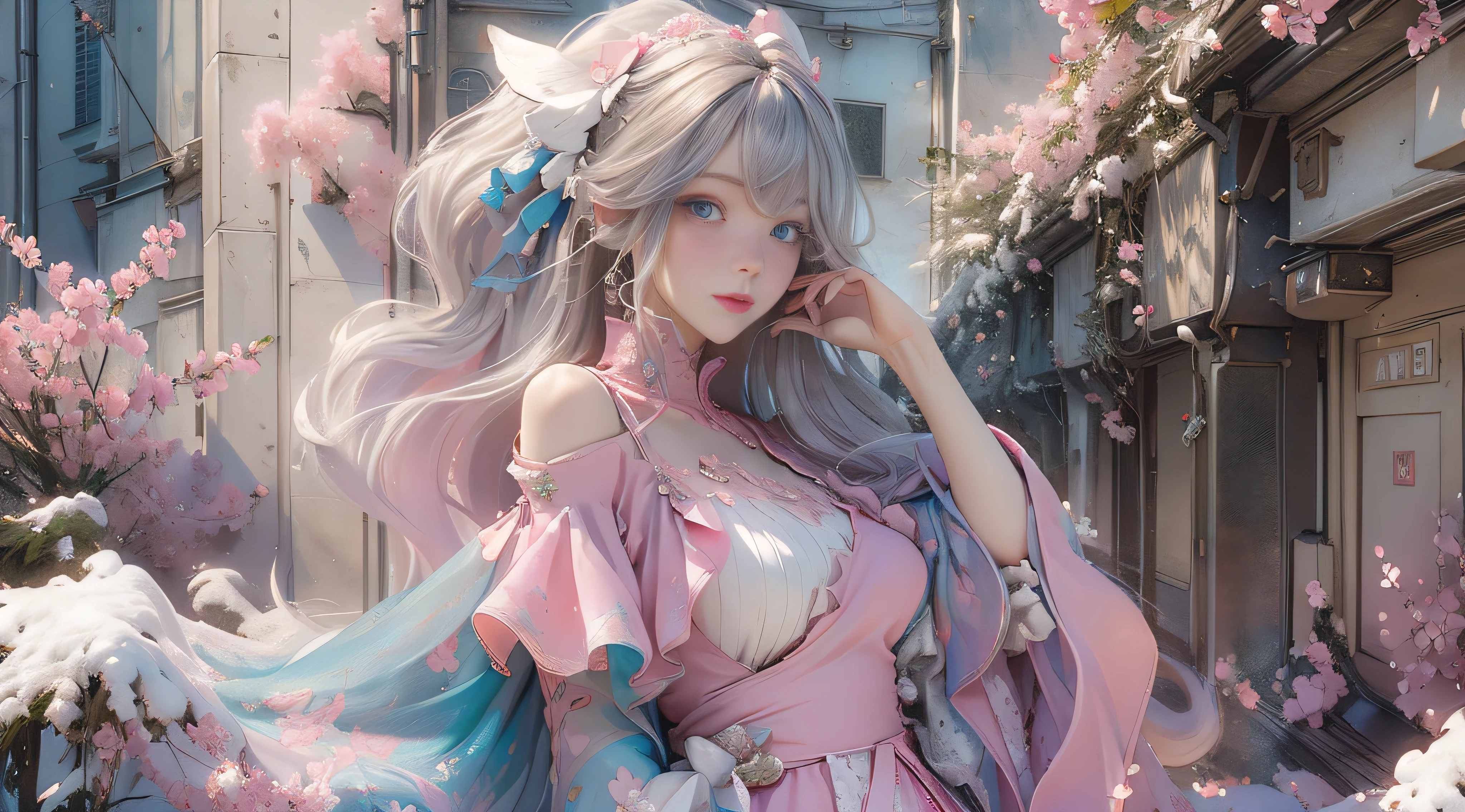 ((best qualtiy)), ((tmasterpiece)), (detail:1.4), Beautiful cyberpunk female images,hdr(HighDynamicRange),Ray traching,NVIDIA RTX,Hyper-Resolution,illusory 5,sub surface scattering,PBR textures,post-proces,Anisotropy Filtering,depth of fieldaximum definition and sharpnesany-Layer Textures,Albedo e mapas Speculares,Surface colorinitsu-Accurate simulation of material interactions,perfectly proportioned,rendering by octane,Two-colored light,largeaperture,Low ISO,White balance,Rule three points、8K raw data、Beautiful bright blue pupils,off-the-shoulder clotheine pupils,Delicate face and eyes,long eyelasher,Blushlush,Delicate and fluffy hair,pink lip,Pure,Cute face,Sweet girl,Artistic sense,Casual wear,Advancedsense,butterflys,Cherry blossom petal,Beautiful hair accessories,Long hair and waist,Hair fluttering in the wind,Snow-white fox ears,curlies