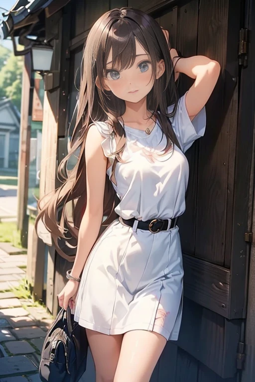 masterpiece++, best quality++, ultra-detailed+, extremely detailed++, 4K, 8K+, best quality, beautiful+, anime style,1person,full body image,summer park,white simple mini tanktop dress,narrow leather belt,tight belt++,beautiful brown hair,beautiful blue eyes, beautiful eyes++, long straight hair