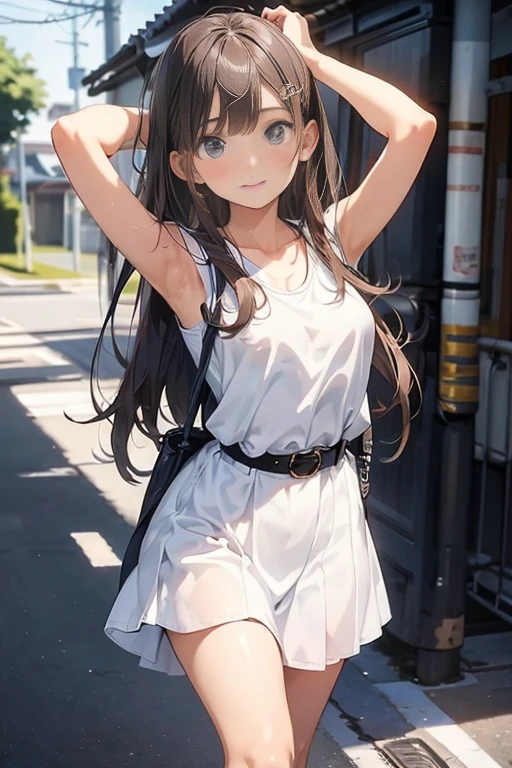 masterpiece++, best quality++, ultra-detailed+, extremely detailed++, 4K, 8K+, best quality, beautiful+, anime style,1person,full body image,summer park,white simple mini tanktop dress,narrow leather belt,tight belt++,beautiful brown hair,beautiful blue eyes, beautiful eyes++, long straight hair
