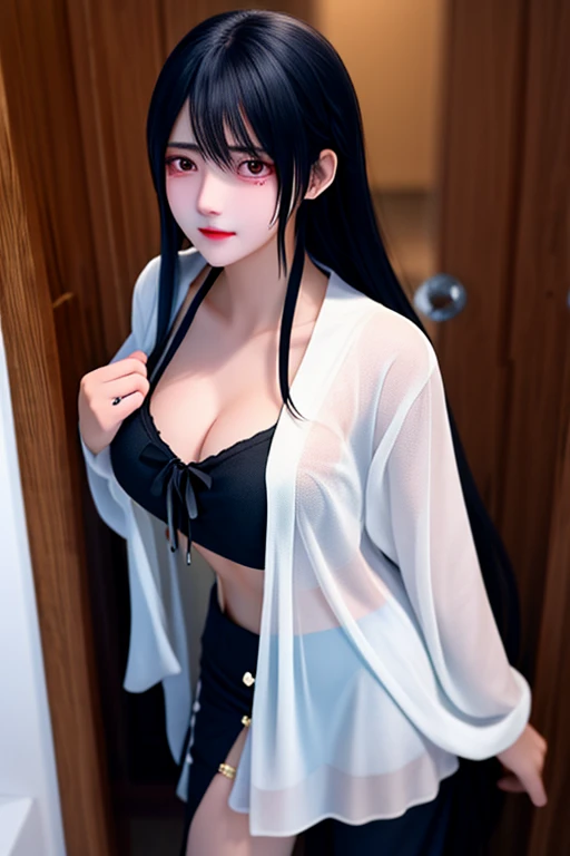 Late at night, a beautiful girl wearing loose clothes stood in front of the door, crying aggrievedly, looking at my beautiful face with aggrieved eyes. Her perfect figure only exposed her thighs and chest. Dark tones with tears in the corners of her eyes. Black and dark purple tones, black and dark blue style.