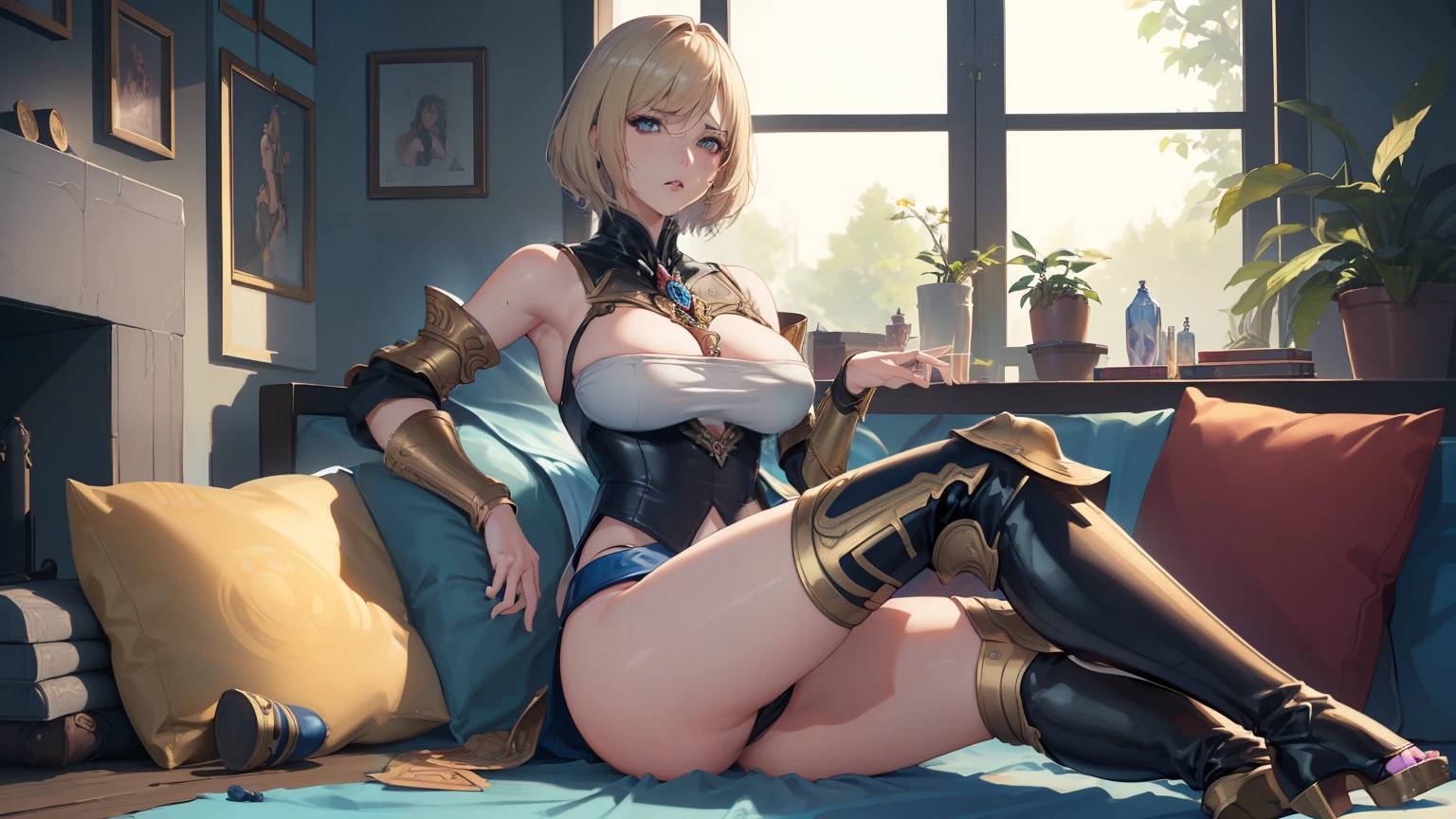 (golden ratio,muste piece, top quality, best quality, beautiful and aesthetic:1.2), very detailed, colorful,best details, (adult,19 years old,1 girl, Final Fantasy 12,Ashelia, short hair, short hair,Asheliaコスチューム, huge boobs, mini skirt,thigh high boots, thighs, jewelry,Contemptuous look,Eyes like looking at garbage, sexy, erotic, nsfw, looking at viewer teasing you with her breasts, anime, ultra detailed, ((anime)), footjob,nsfw,nsfw