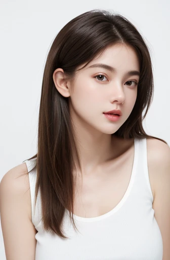 Top Quality, Photorealistic, 8K, High Definition, 1 Girl, Woman, (Skindentation), (Portrait: 0.6), Gorgeous, (White background: 1.82)), ((Big Size Round Breasts, Sleeveless White T-Shirt: 1.75)), Look Straight Viewer: 1.8, (1 Girl Eyes, Medium Length Hair, Brown Hair, Parted Bangs : 1.65), Photorealistic, (Bokeh), (Mouth Closed: 1.46), Gorgeous, pureerosface_v1,hot ,curvy,model 