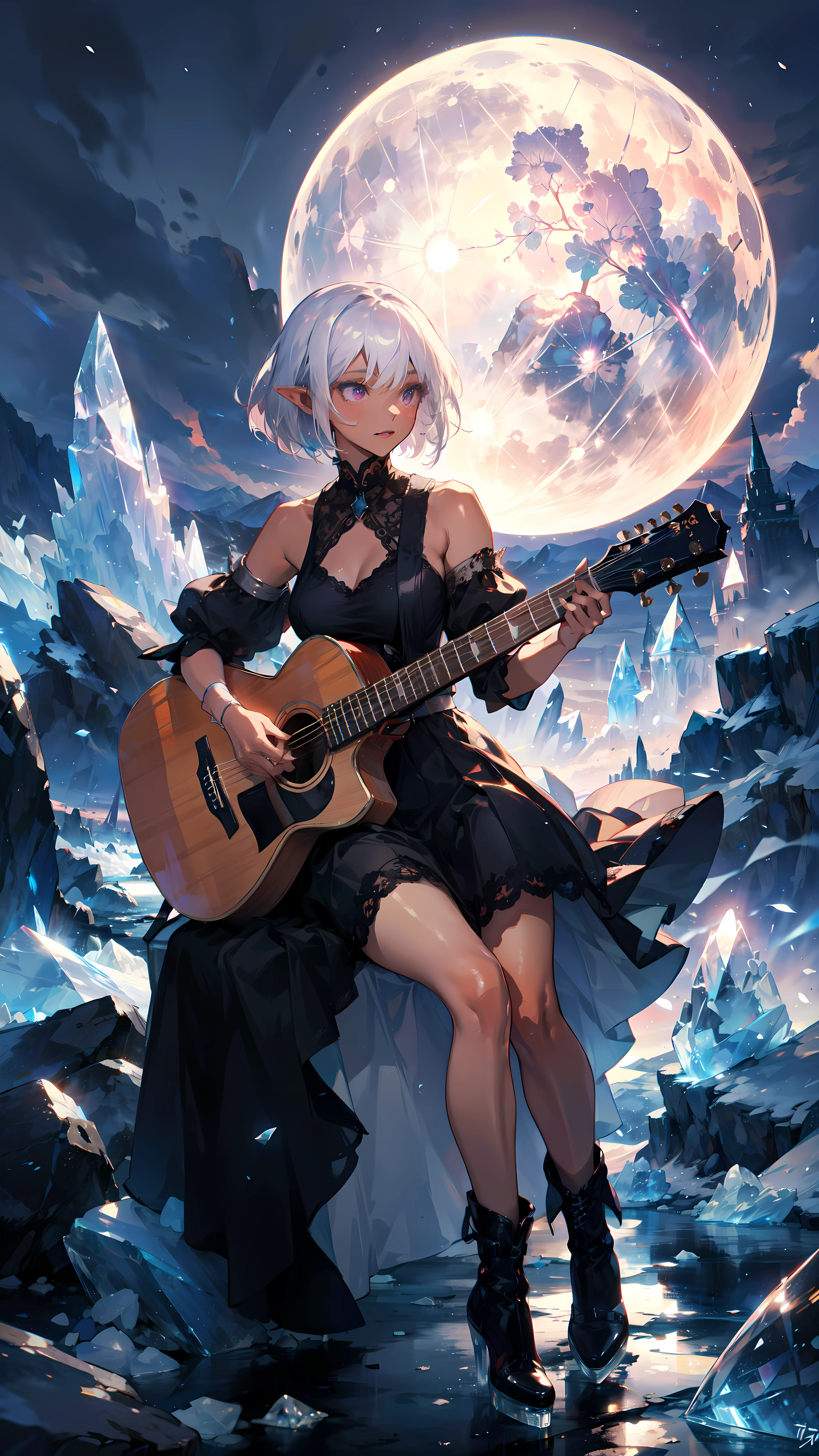 ((masterpiece )), (top quality), (best quality), ((ultra-detailed, 8k quality)), Aesthetics, Cinematic lighting, (detailed line art),
BREAK,
Beautiful Gothic dark elf girl, Sitting on a top of a mountain, playing (Guitar), full moon sky, dark night Background,
BREAK,
absurdres, athletic proportions, play Guitar pose, (acoustic guitar), cowboy shot, dynamic angle, dress, (Gothic dress with ice crystals), (black dress with ice crystals), dip hem dress, highheels, ankle boots, lace train, dip hem, bare shoulders, corset dress, (surrounded by ice), (the garden of an ice mountain),
BREAK,
highly detailed of ( dark elf), (1girl), perfect face, details eye, Bob cut hair, Blunt bangs, (hair between eye), white hair, violet eyes, eyelashes, eyeshadow, pink eyeshadow, light smile, design art by Artgerm, by Kawacy, By Yoshitaka Amano,
BREAK,
((perfect anatomy)), nice body, medium breast, extremely detailed finger, best hands, perfect face, beautiful face, beautiful eyes, perfect eyes, perfect fingers, correct anatomy, ((Dark skin))