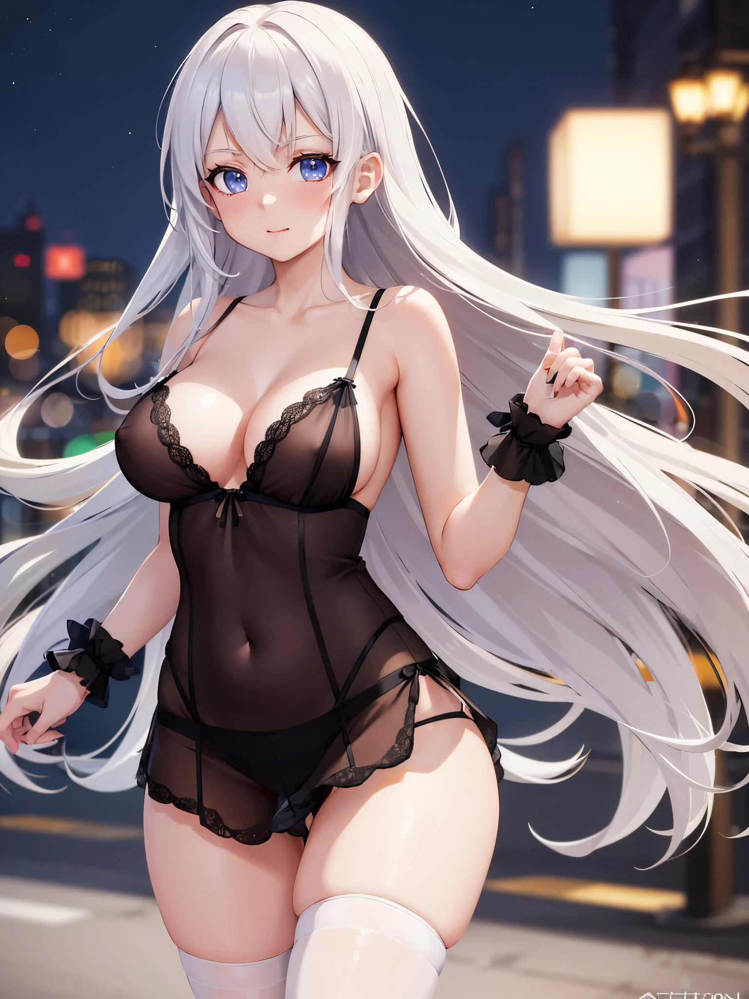 (1 girl),(high quality), (High resolution), (extremely detailed), (8K),(lower body shot),(she is wearing a nightgown and panties),(wearing black knee-high stockings)not wearing shoes,perfect writing,(Beautifully erect nipple shape:1.2),High resolutionの美しい目,(neutral white lighting:1.2),Strolling around the city