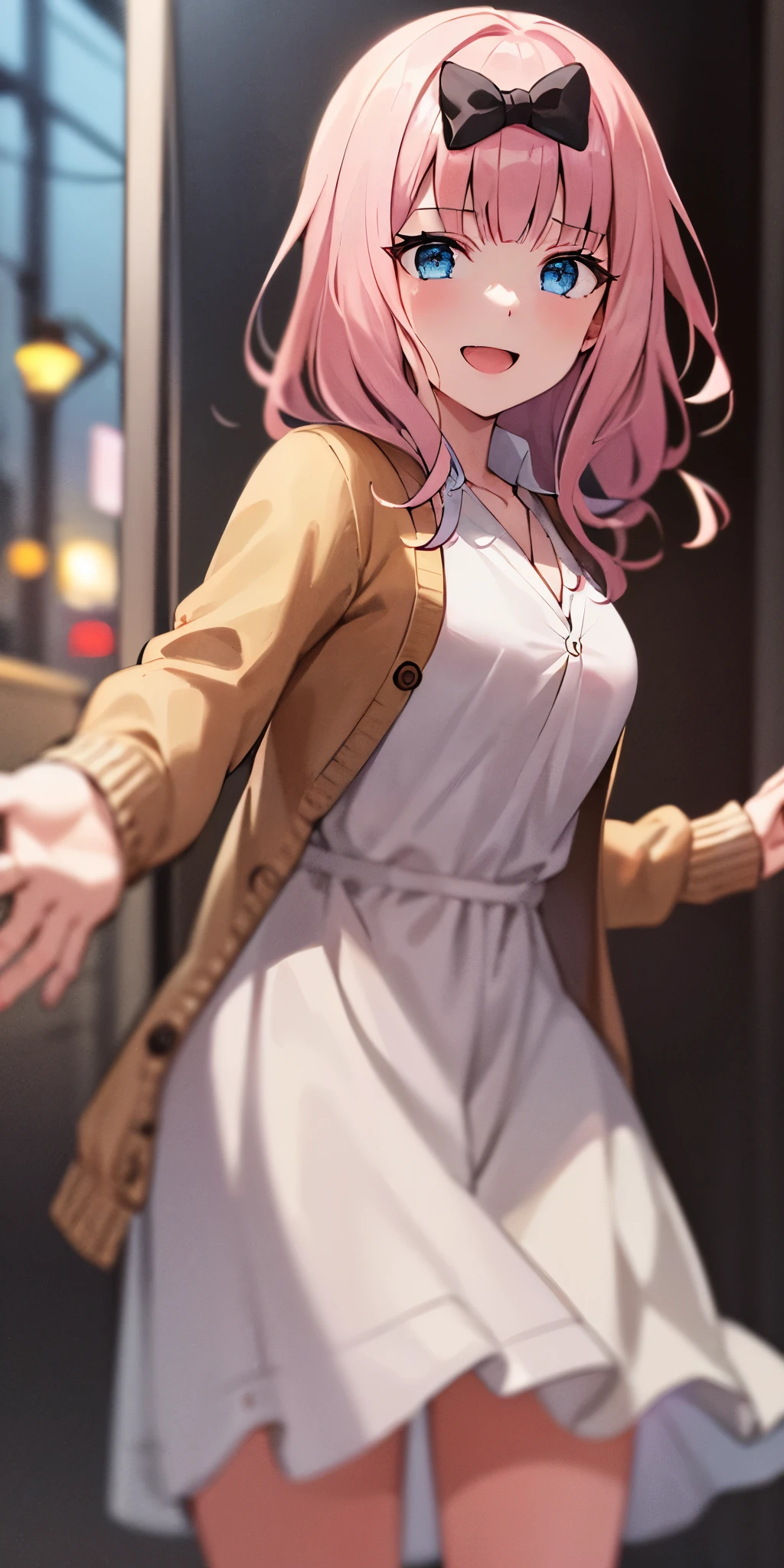 2D, masterpiece, highest quality, and soul, very detailed, cowboy shot, 1 girl, solo, Chika Fujiwara, blue eyes, pink haired, hair ribbon, black bow, (white loose dress:1.3), (pink cardigan:1.3), Opening the front of the cardigan, city background, best smile, open your mouth