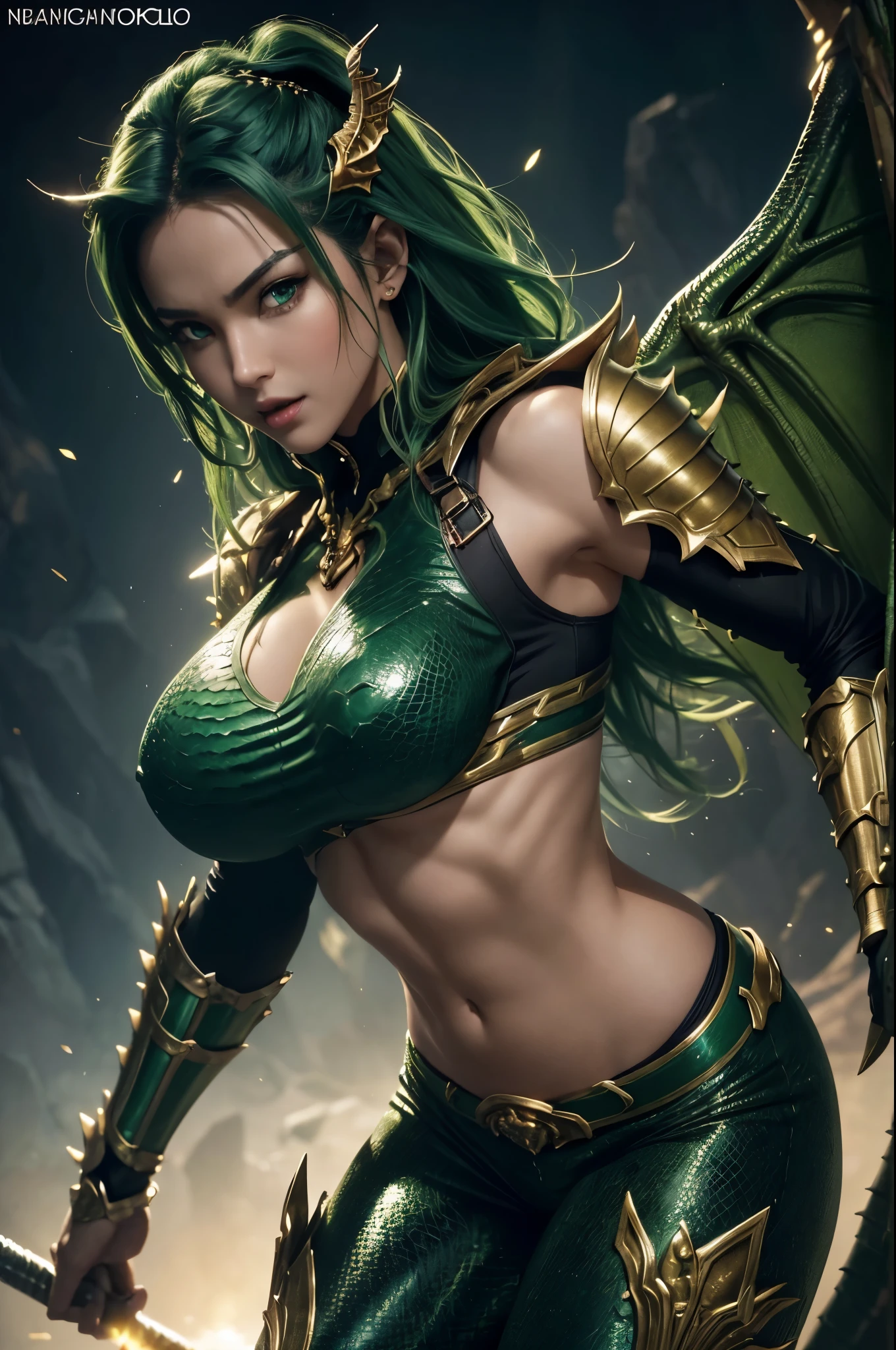 8K,A dragon woman with a dragon body,Super beautiful(like the real thinuscular female body,super realistic skin,golden eyes like a snake,green punk hair,gorgeous green armor,gorgeous green shoulder armor,luxury black pants,gorgeous green gauntlet,have a trident,gorgeous green waist armor,gorgeous green leg armor,Dragon wings are growing,dragon horn,ultra high resolution,Large fangs grow from the mouth,rich colors, Backlight, cinematic lighting, film grain,RAW, 50mm lens,nikon D850,sexy armor,Severely cracked abdominal muscles,Charm,Emphasize cleavage,seductive pose,sexy pose,very big breasts,very big breastsの谷間を見せる,