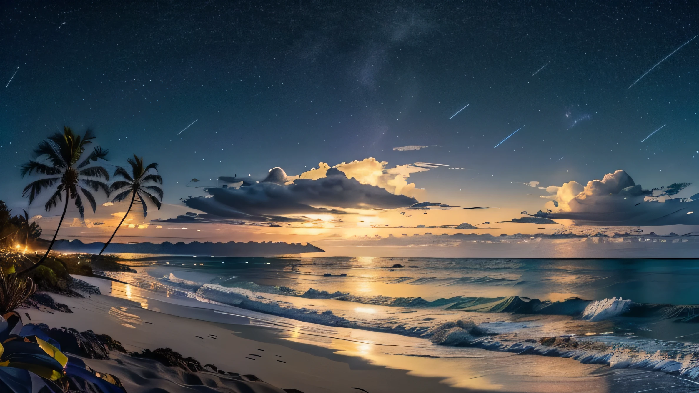 prompt: very detailed night panorama of a beautiful beach, islands in the distance, few clouds, and palmtrees, starry sky, Moon,
(((Hi res, HDR, HD, 4K, 8k))), fill lighting, thin and delicate line, 