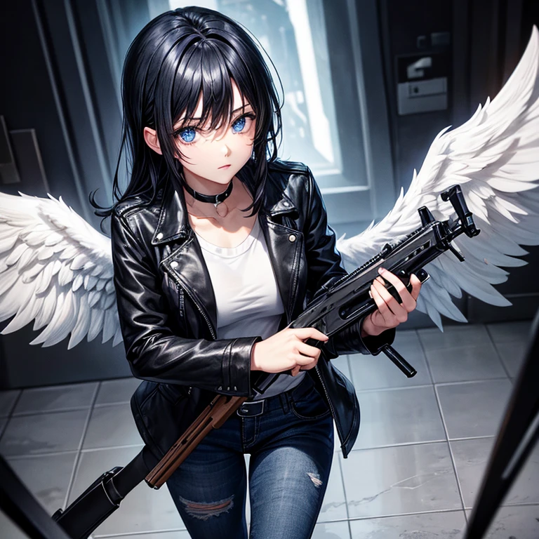 Angel with a shotgun, blue eyes, black hair, black jacket, black jeans