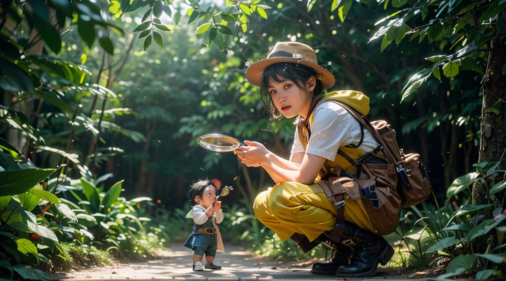 There was a  and a girl looking at the magnifying glass, childrens art in artstation, adventure hyper realistic render, lovely digital painting, author：Han Yonghao, author：Lee Jeon-suk, author：Kim Eun-hwan, Female explorer mini cute girl, Realistic fantasy rendering, Guviz-style artwork, author：Rudy Siswantto