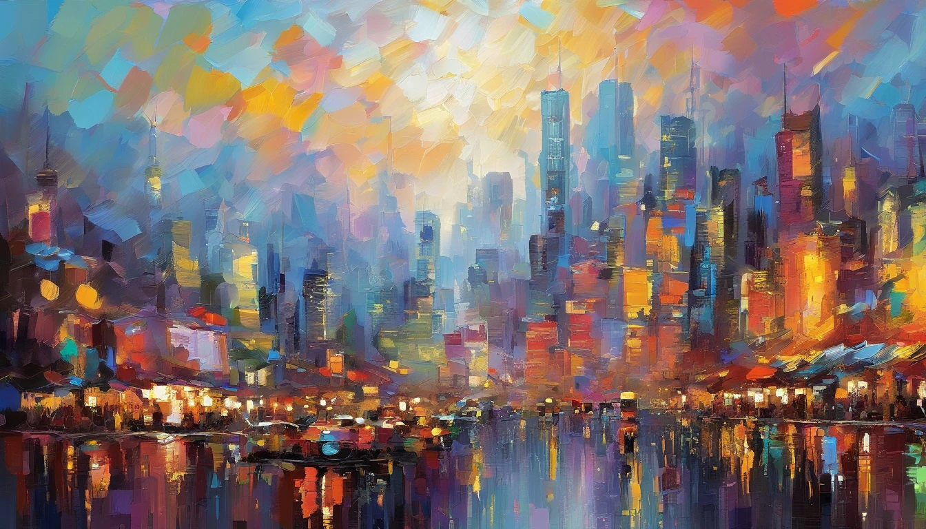 Daytime from Beijing Guomao, Regenzeit,Rios ,In the distance the skyline of the city buildings,Big colored umbrella, Der Verkehr bewegt sich,Die Leute gehen, Masterpiece oil painting, Zeichnung von Mark Lague.