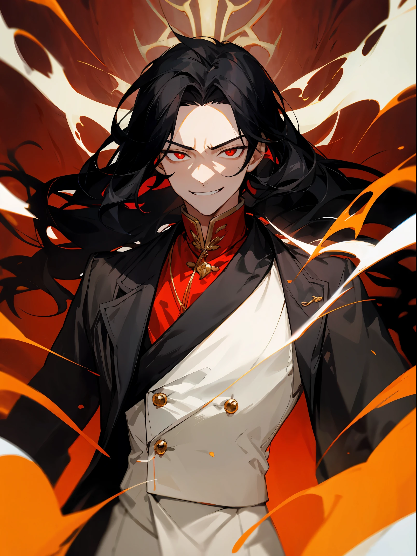 tmasterpiece, beste-Qualit, 1boy, aristocrat, portraite of a, upper-body, tailcoat, hairlong, black hair, smirk, red pupils, 血, insane