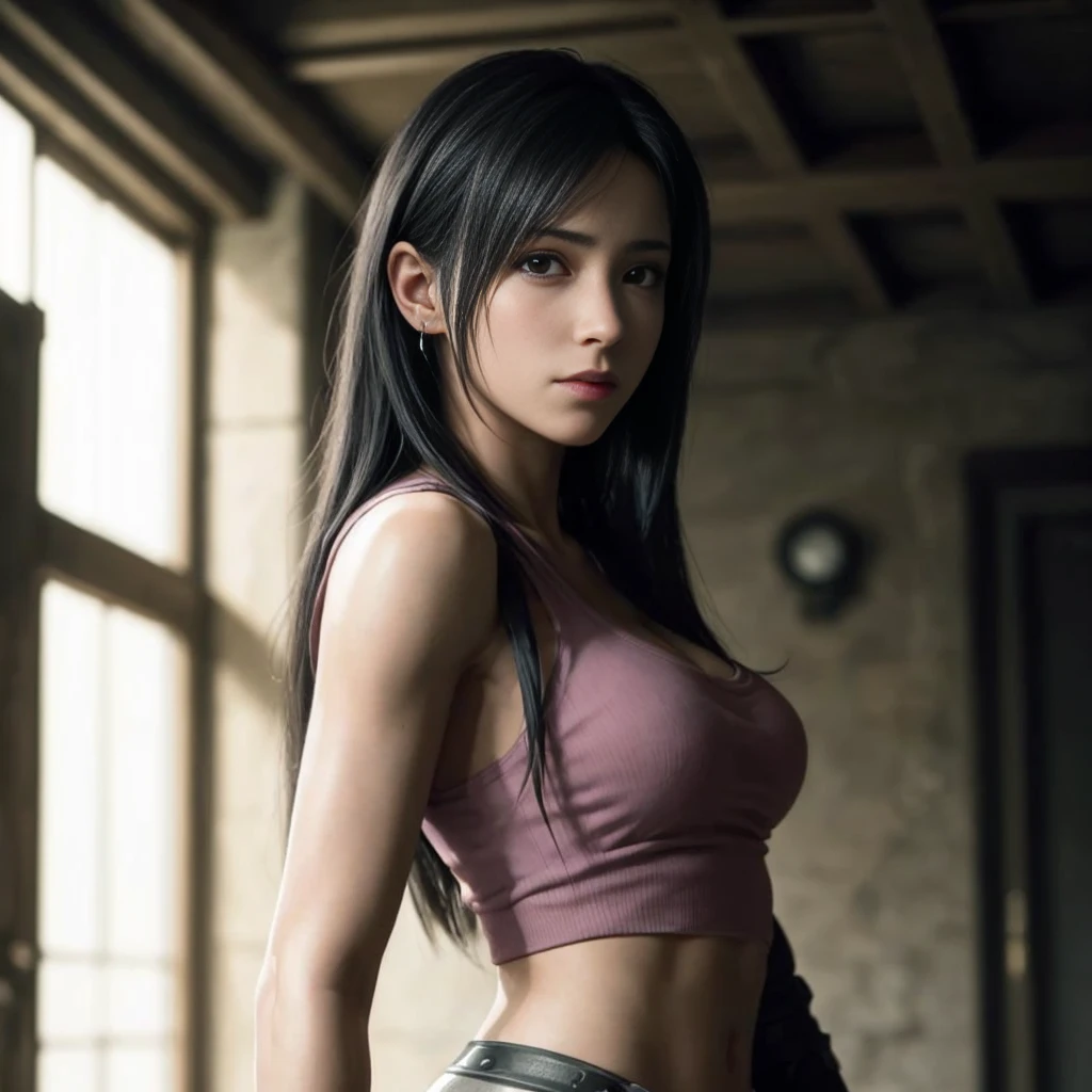 (best quality,ultra-detalhado),(Realistic:1.37),Tifa Lockhart,Rosto bonito e detalhado, textura ultra realista, rosto delicado, corpo delicado, Fit physique, serious expression