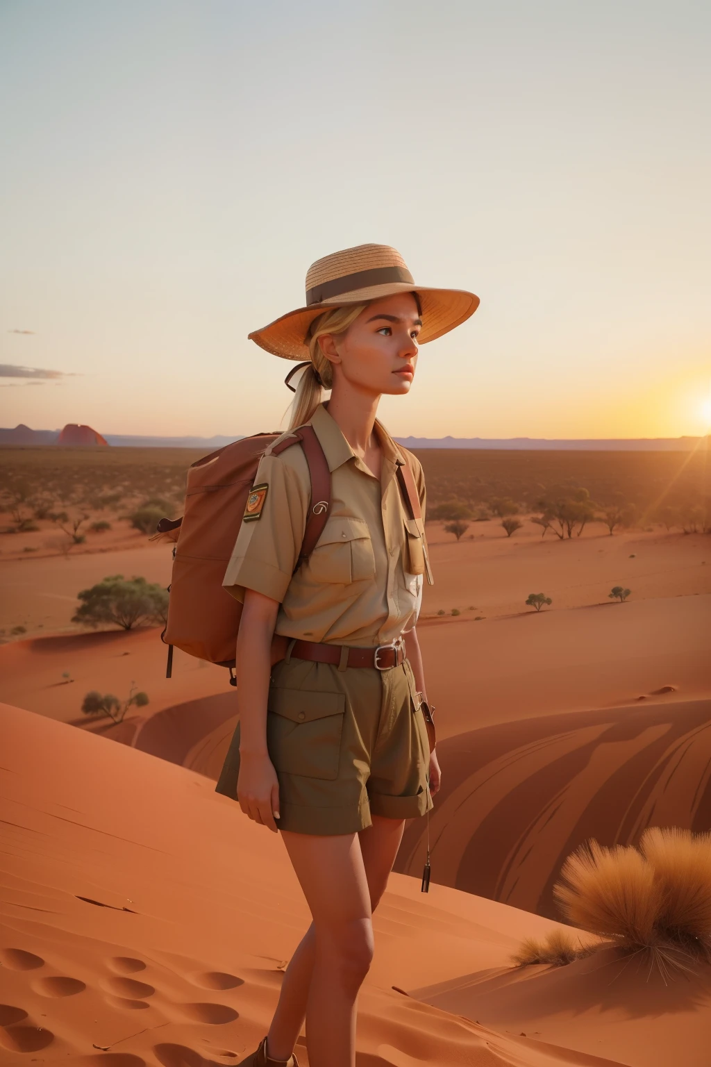 desert、long sleeve shirt、pants、Head cover、sunglasses、carry a water bottle、beautiful female adventurer、short blonde hair、((whole body))、(((photo taken from below)))