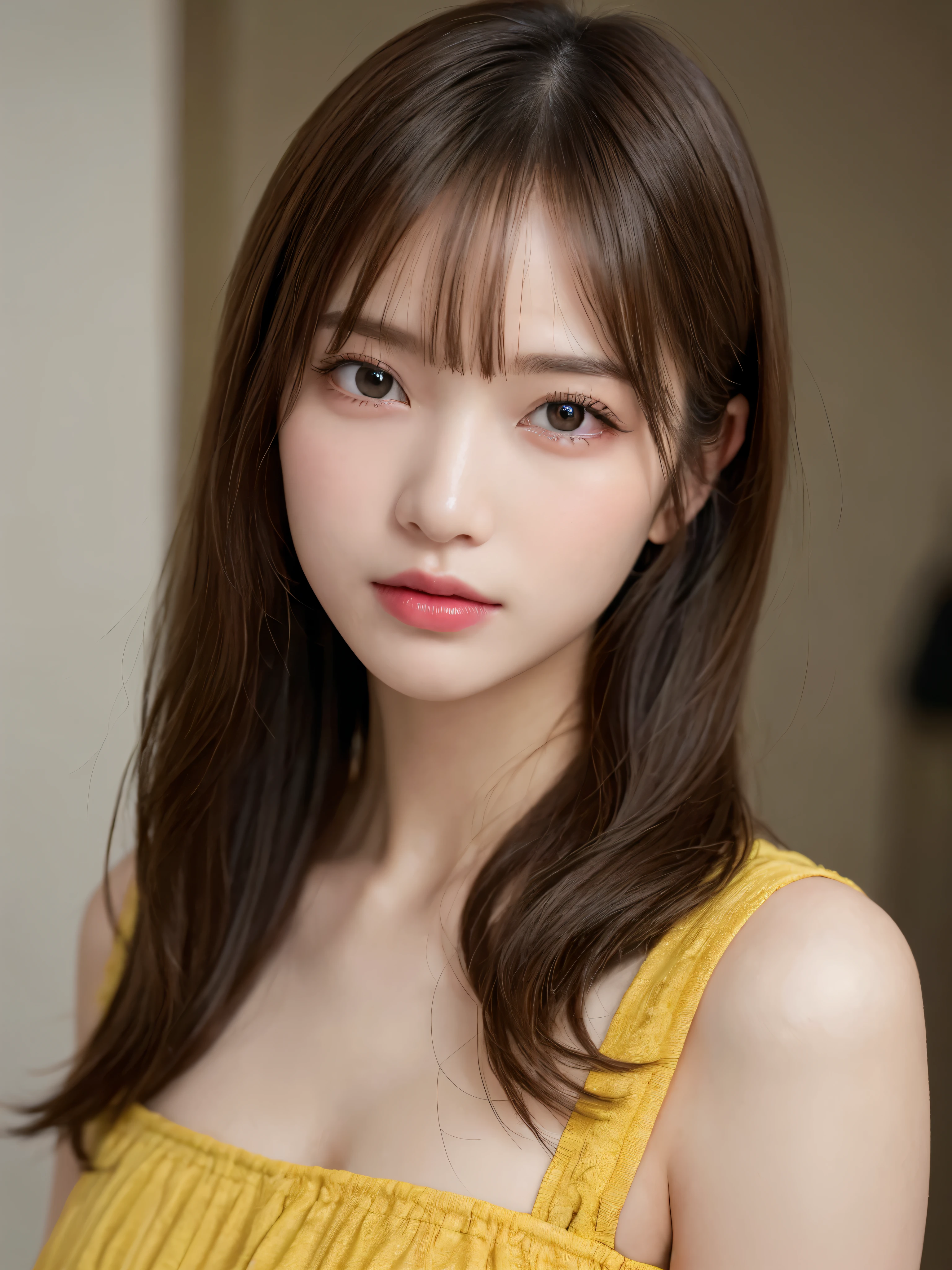 ((NSFW))、(masterpiece:1.5)、(8K)、(realistic:1.5)、Live shooting、(best image quality:1.4)、(sharp focus:1.5)、 highest quality、masterpiece、ultra high resolution、perfect dynamic composition、 thin、indoors、cute woman:1.4、serious expression、 wearing a yellow party dress、 light brown hair、Random cute hairstyles、shining hair、 super detail face、fine eyes、double eyelid、 natural color lip、transparent skin、