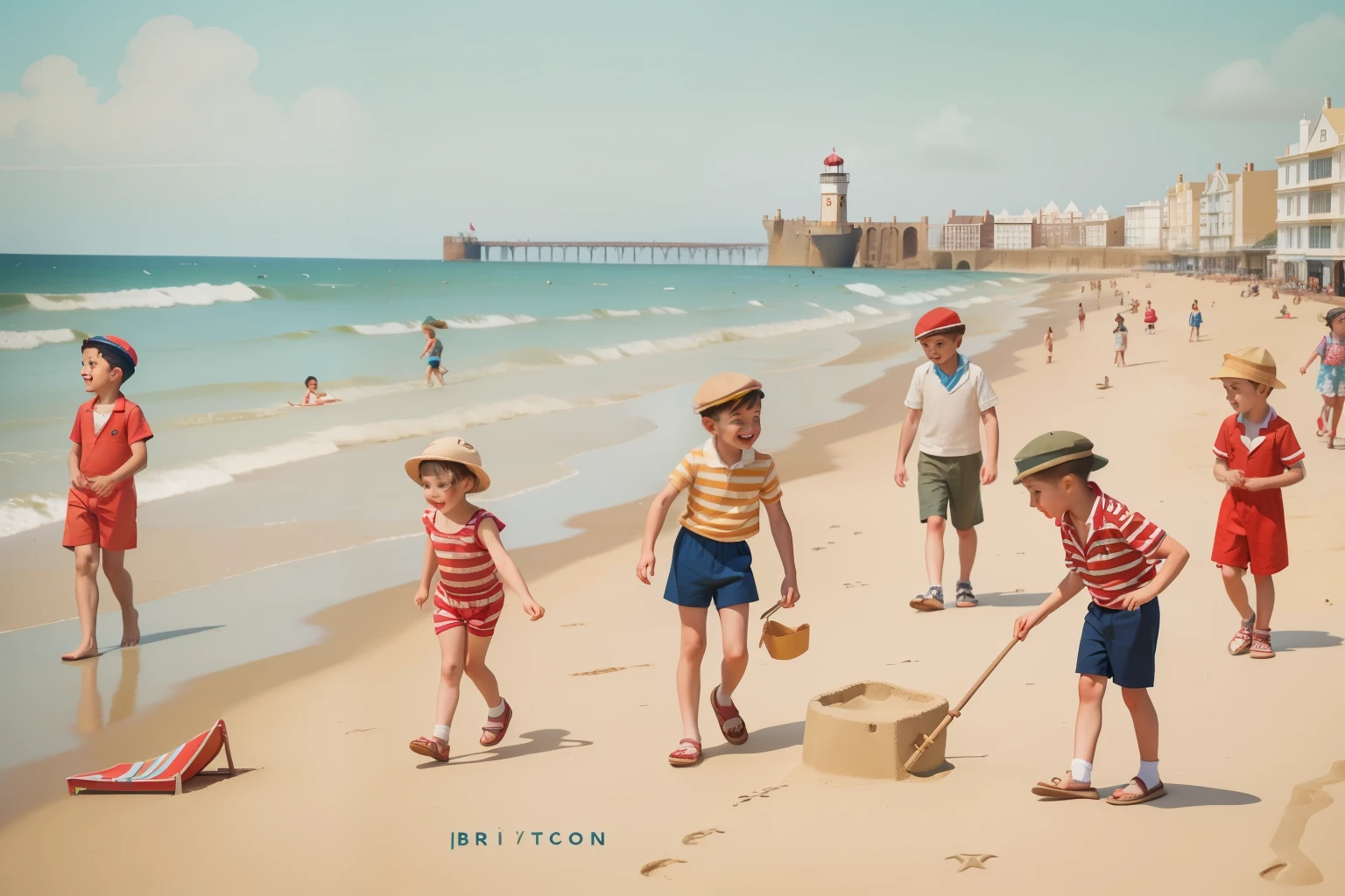 1940s English Seaside Holiday (Location: Brighton): Craft an image of a ten boy with a flat cap and shorts, building sandcastles on the shores of Brighton during a seaside holiday. The scene includes colorful beach umbrellas, vintage swimsuits, and the joyous laughter of children. Illuminate the coastal holiday in Wes Anderson's playful and nostalgic color tones, adding a touch of English seaside magic.