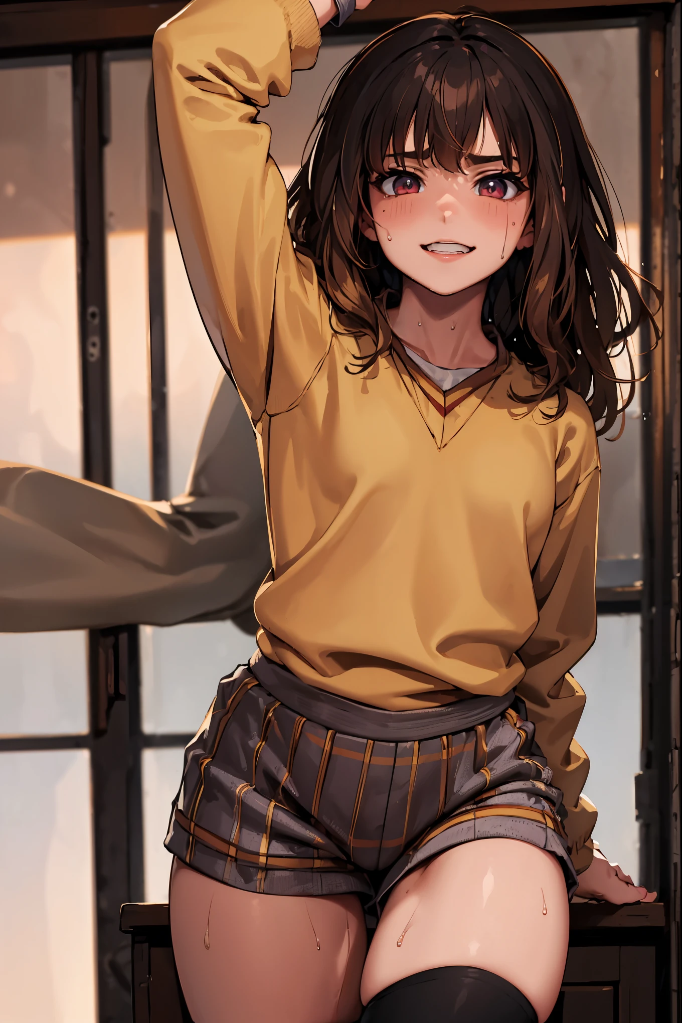 Masterpiece, hiquality, Dynamic Angle, Cowboy shot, , 1girl, child, 独rmione Granger, Shirt, leggings, Highly Detailed Beautiful Face and Eyes, Beautiful skin, Wet, blushful, Perfect anatomical smile, thigh strap, Walking, Hands Behind Your Back, Classroom, Sun light, little chest, thights, wide thighs, Athletic hips, Erotica, , trembling, the sweat, heavy breathing, sperm,