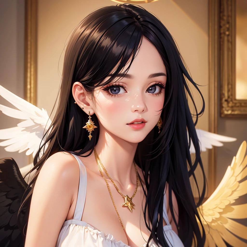 Best quality, masterpiece, ultra high res, (photorealistic:1.4),1girl, solo, jewelry, black hair, earrings, looking at viewer, black eyes, portrait, makeup, lips, realistic, long hair, angel wing, golden halo