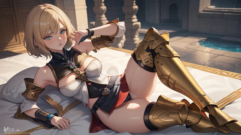 (golden ratio,muste piece, top quality, best quality, beautiful and aesthetic:1.2), very detailed, colorful,best details, (adult,19 years old,1 girl,  Final Fantasy 12,Ashelia, short hair, short hair,Asheliaコスチューム, huge boobs, mini skirt,thigh high boots, thighs, jewelry,Contemptuous look,Eyes like looking at garbage, sexy, erotic,  anime, ultra detailed, footjob