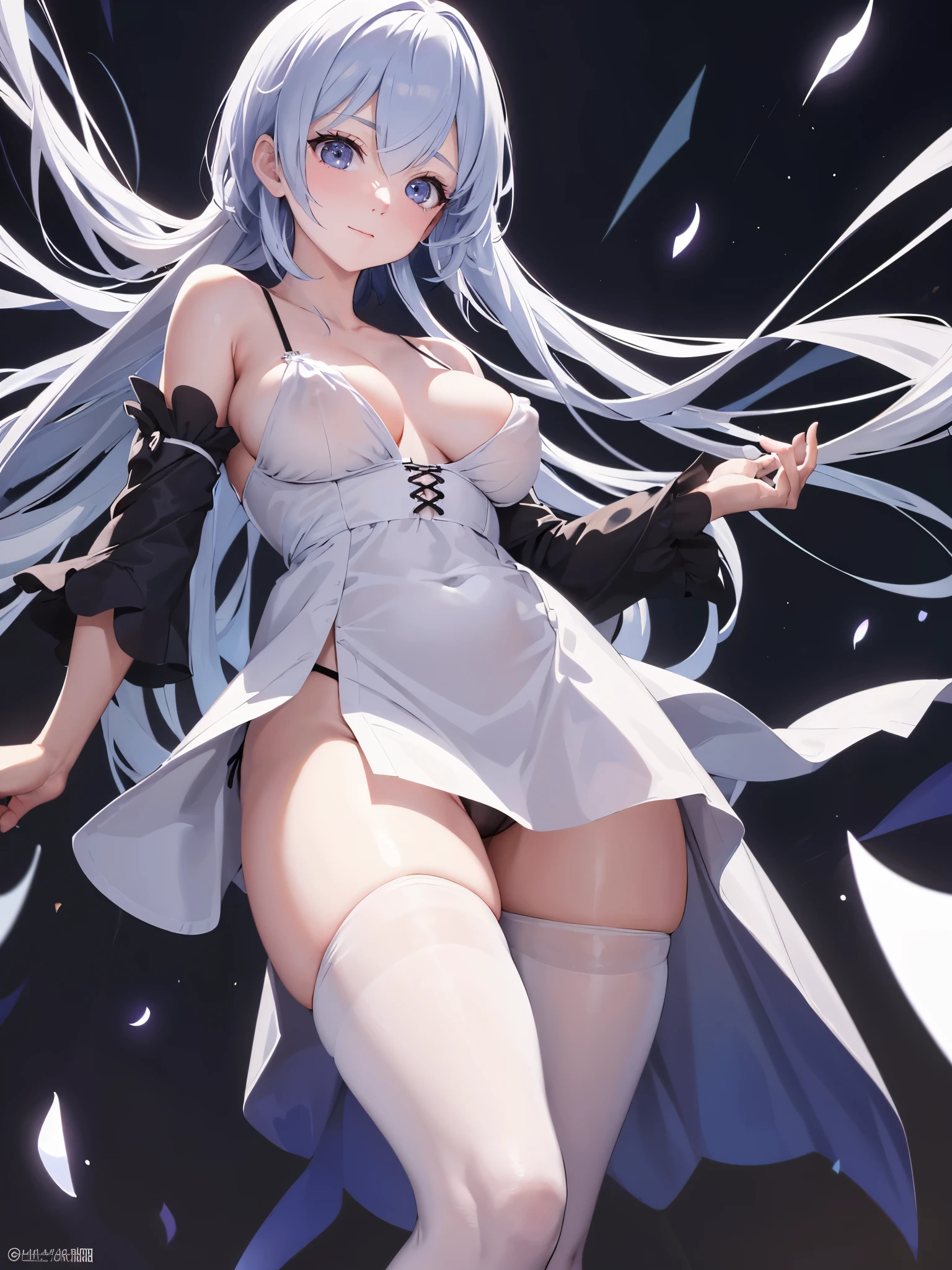 (1 girl),(high quality), (High resolution), (extremely detailed), (8K),(lower body shot),(she is wearing a nightgown and panties),(wearing black knee-high stockings)not wearing shoes,perfect writing,(Beautifully erect nipple shape:1.2),High resolutionの美しい目,(neutral white lighting:1.2),Walking around the city during the day