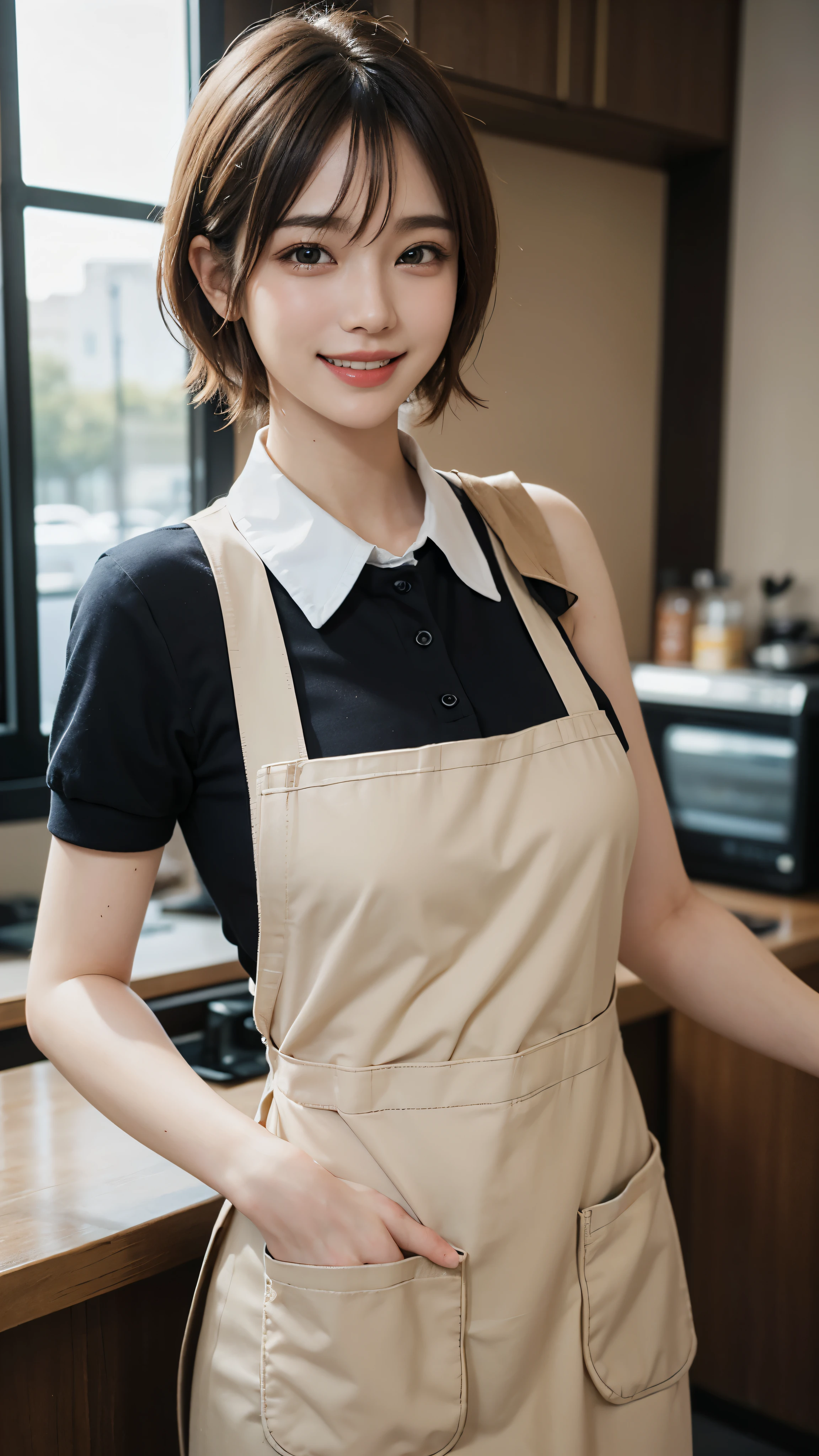 highest quality, pieces fly, ultra high resolution, (that'realistic:1.4), RAW photo, 1 girl, Mr. Kーpop idol, ((Popular cafe clerk)),((cute uniform)),(black collared shirt and jeans)),((Beige apron))short hair, slender body,fine eyes,(realistic eyes),delicate face,realsMr. Kin,fine hair,Detailed sMr. Kin,cute face,((smile))、((laughter))、((you look happy, smile)),