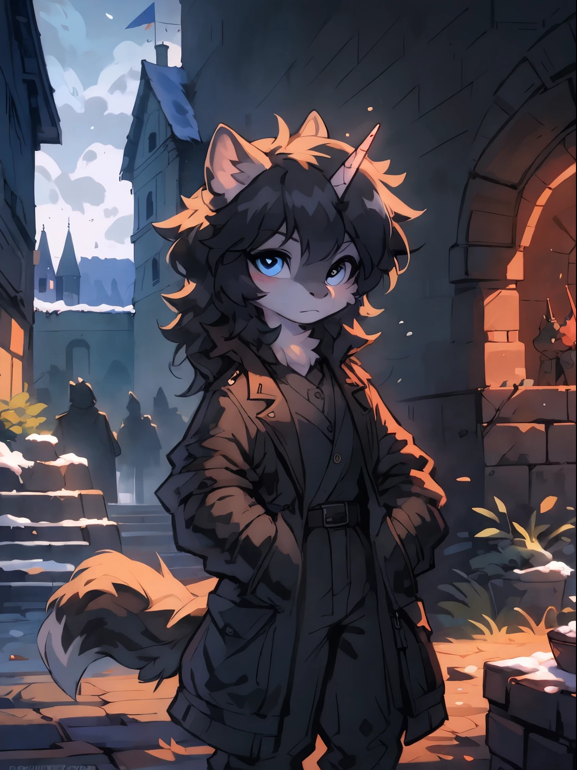 A lead-gray fur,纯black hair的unicorn穿着Long gray-black trench coat站在Brick floor上,她的背后是夜晚灰色的天空和snow的山脉((very beautiful furry art)),stunning details,e621,(by Hioshiru:0.5),(by ISKRA:0.4),(by Foxovh:0.3),(The main character a horse girl:1.5),((unicorn)),My Little Pony,mlp,Friendship magic,((Blue unicorn)),((Curved corners))(tall),serious expression,High head-to-body ratio,Lead gray fur,black hair,Long back hair,blue eyeedium breasts,stand,hand,(grey shirt),(Long gray-black trench coat:1.2),black pantlack long bootlack hood belt,Anatomically correct,(amazing background),Brick floor,Stone brick construction,wallpaper style,(street),castle,Oppressive atmosphere,snow,