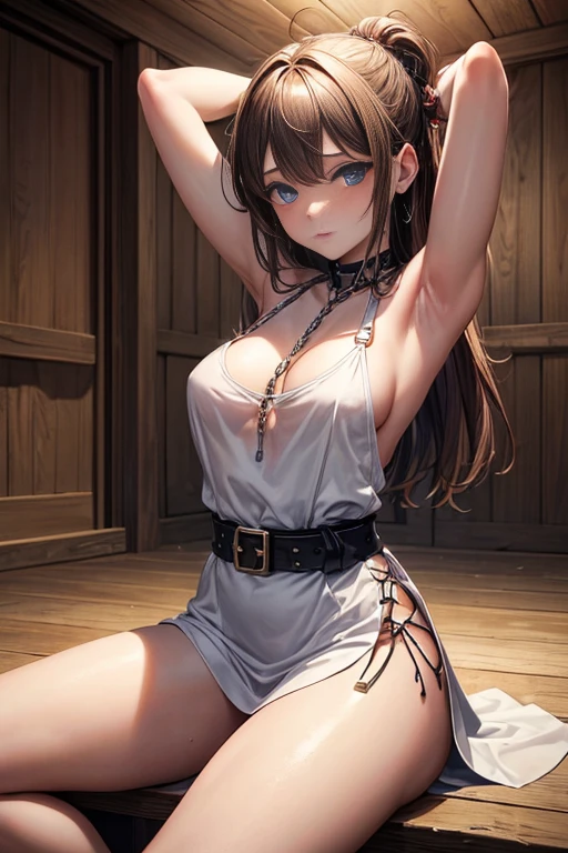 ((masterpiece)), ((best quality)), (ultra-detailed), NSFW, ((torture chamber)),a cute girl, 1girl, solo, (white mini tanktop dress),(chain bound arms), (both hands are bound and is hung from the ceiling),bdsm,shibari,restrained,((thin waist)),(((single narrow belt bound waist))),beautiful brown hair, beautiful blue eyes, (beautiful eyes), long hair,troubled expression