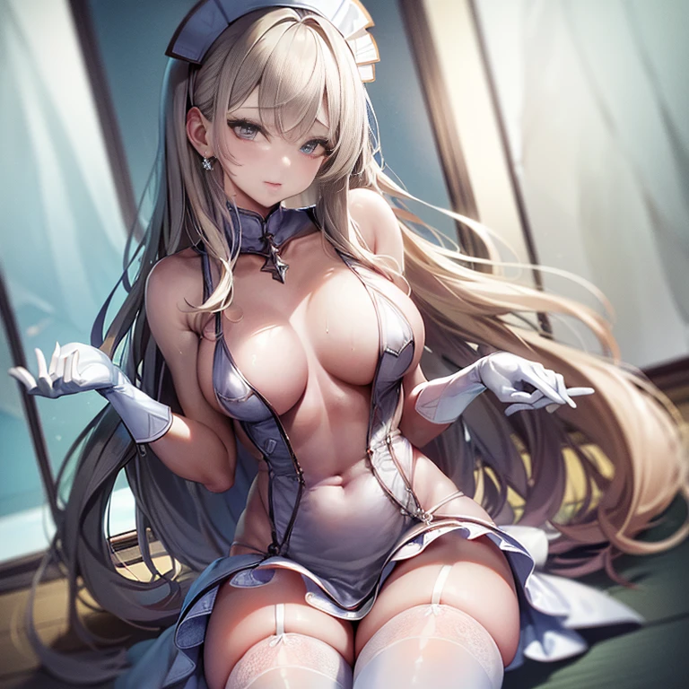 1girl, (solo:1.2), (cowboy shot:1.2), (Beautiful and detailed eyes description), (Beautiful and detailed face), Perfect female body, neat figure, slender waist, (young girl), (20 years old), long hair, platinum blonde hair, very big eyes, blue eyes, medium breasts, blush, shy, watery lips, nurse, (transparent nurse dress), nurse cap, unbuttoned, (white gloves:1.2), (white pantyhose), high heels, necklace, earrings, indoors, school nurse, hospital bed, window, white curtains, sunlight, squatting, (best quality), (ultra detailed), (masterpiece), (highres), (original), (extremely detailed CG unity 8K wallpaper), character design, game cg, detailed manga illustration,(NSFW 1.1)