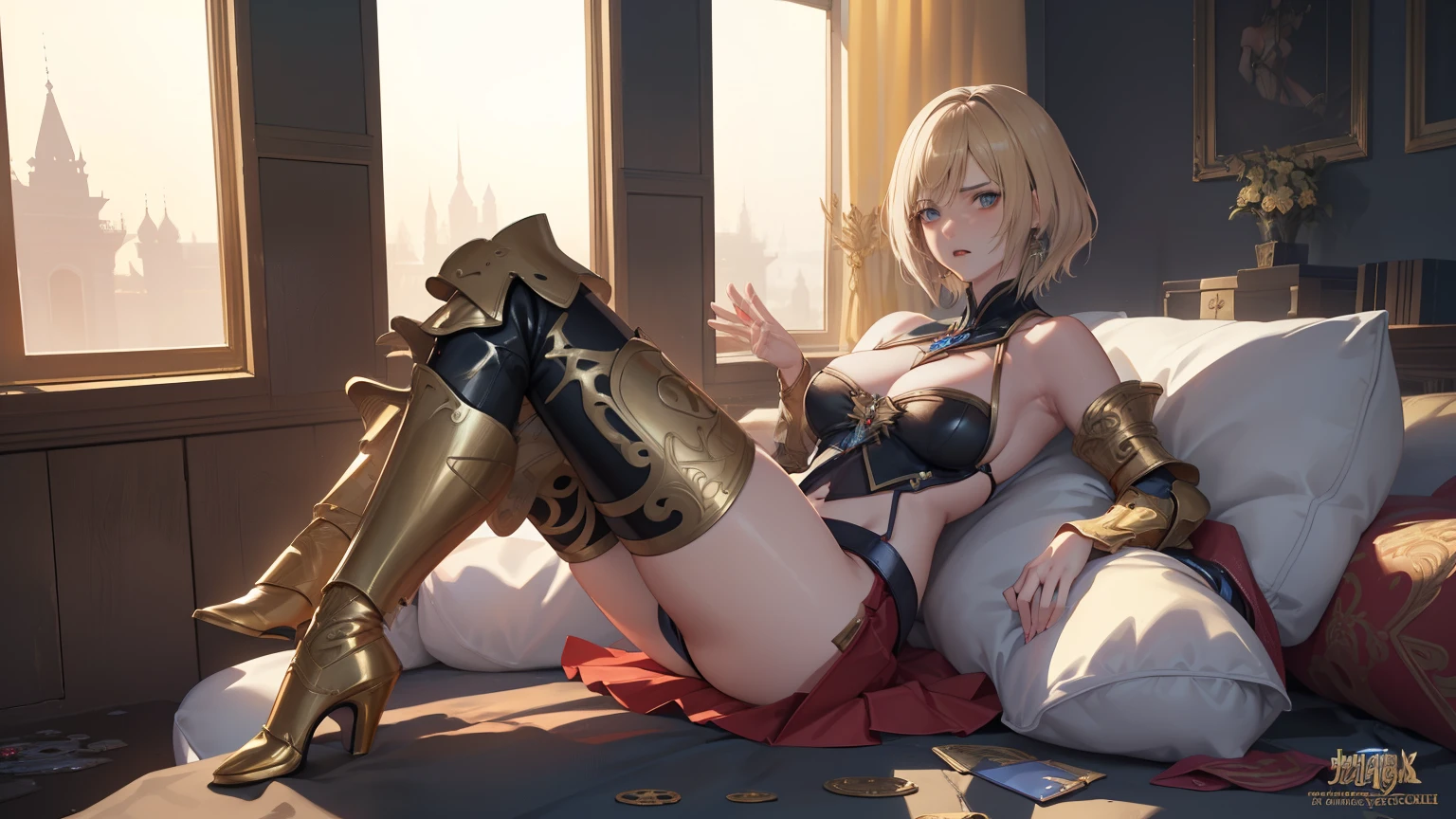 (golden ratio,muste piece, top quality, best quality, beautiful and aesthetic:1.2), very detailed, colorful,best details, (adult,19 years old,1 girl,  Final Fantasy 12,Ashelia, short hair, short hair,Asheliaコスチューム, huge boobs, mini skirt,thigh high boots, thighs, jewelry,Contemptuous look,Eyes like looking at garbage, sexy, erotic,  anime, ultra detailed, footjob