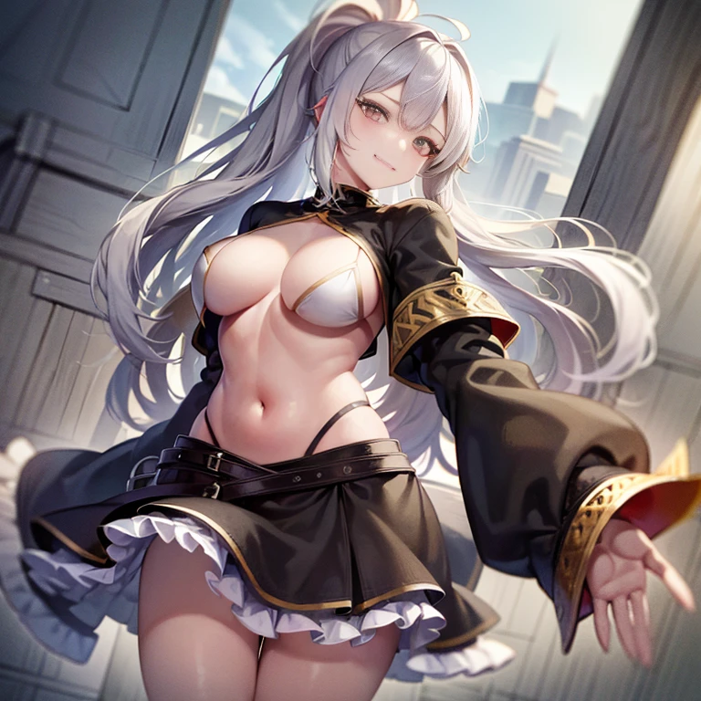 1girl, {solo}, upper body ,{{ {looking at viewer}}}, arm at side, concept art, white background, background, white hair, silver gradiient hair , gold eye,complex cloth, asymmetrical clothes, virtual youtuber, best quality, masterpiece, dynamic angle, disgaea style, disgaea style, disgaea style, from above, leaning forward, high ponytail, cowboy_shot, looking_back, grabbing, girl,woman,female, young,20 years old, very long hair, flipped hair, silver hair, flowing hair, ahoge, smirk, beautiful and delicate golden eyes, teeth, medium_breasts, blonde eyes, grey Clothes, grey coat, whiteshirt, black trousers, open jacket, black Clothes,transparent_background, backlighting, absurdres, highres, ultra detailed,