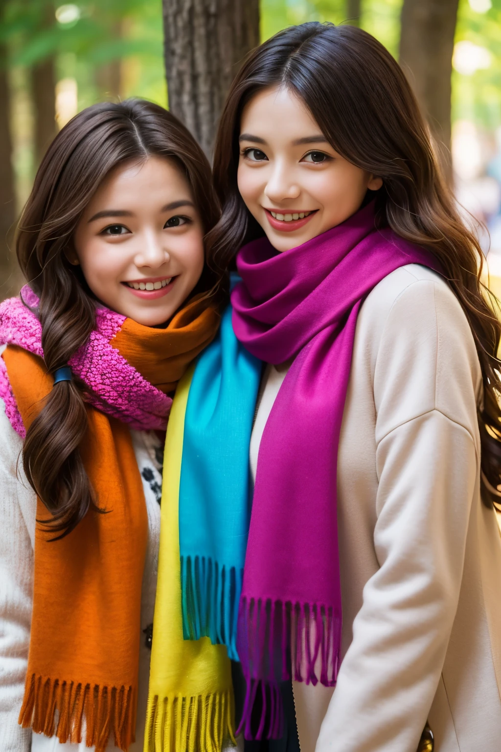 two girls, curious, fearless, smiling, wavy brown hair, dressed in colorful clothes and a magical scarf, next to the old fairy queen,