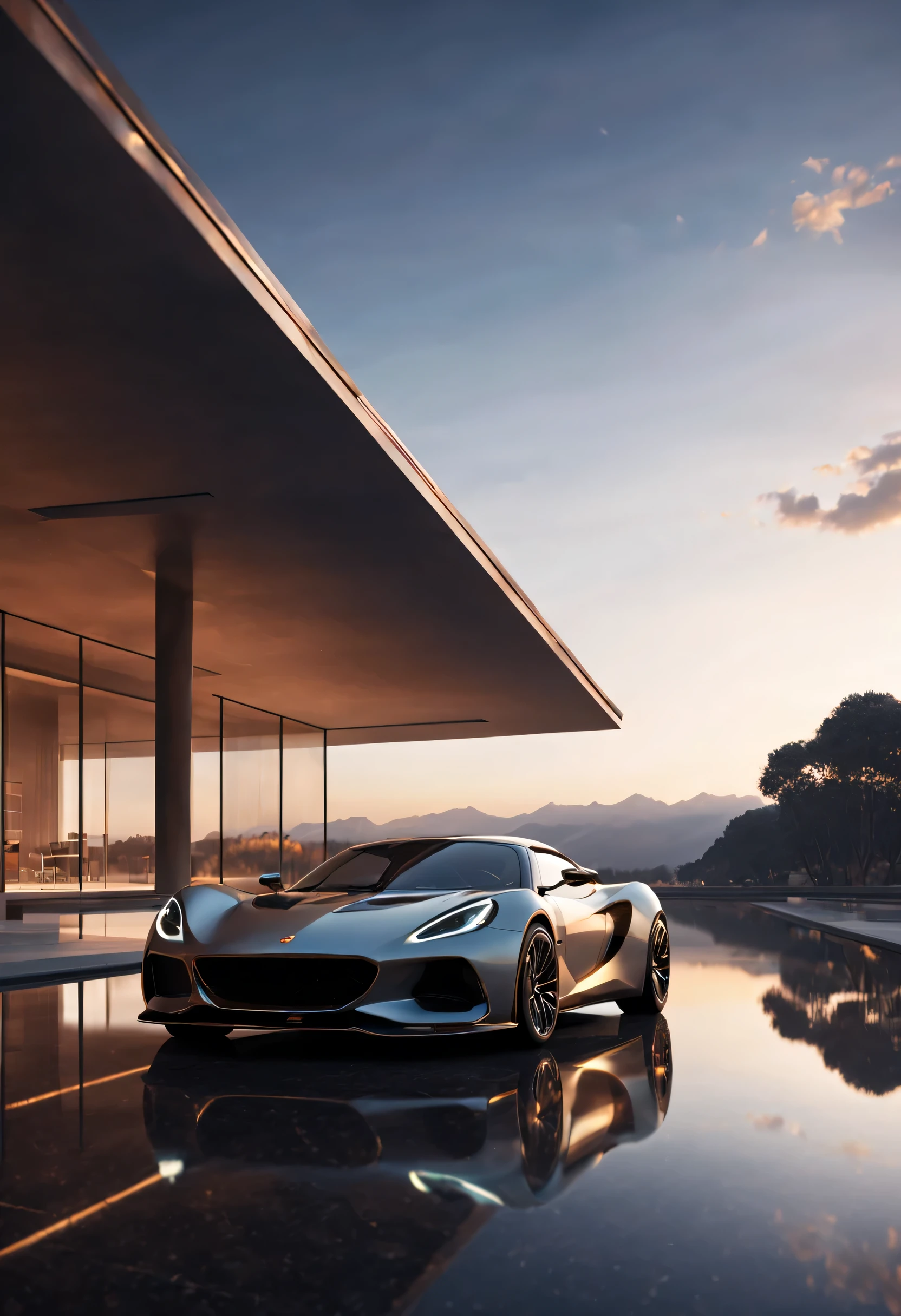 car cg rendering ，atmosphere，The car  the new Lotus eletre， scene，product level，cycles renderer，Soft reflections from the car body，Block concept building，The realm of the sky，Multi-angle，Block concept building场景，Realistic，conceptual architecture rich，Beautiful background architecture，The overall look and feel  very atmospheric