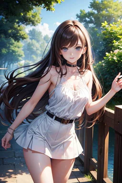 femele), (middlebreasts), light brown hair, Blunt bangs, hair behind ear, hair over shoulder, (Long hair), wetting hair, (slender body shape), (Ultra Fine Face), Delicate lips, (beautidful eyes), eyes are brown, hide one's hands, a choker, (sleeveless jacket, White tight skirt:1.5), (a japanese girl), (Posture with armpits wide open:1.3), bustshot, Broad-leaved forest, NIKON, 135 mm, nffsw, masutepiece, retinas, Super Detail, High quality, high details, hight resolution