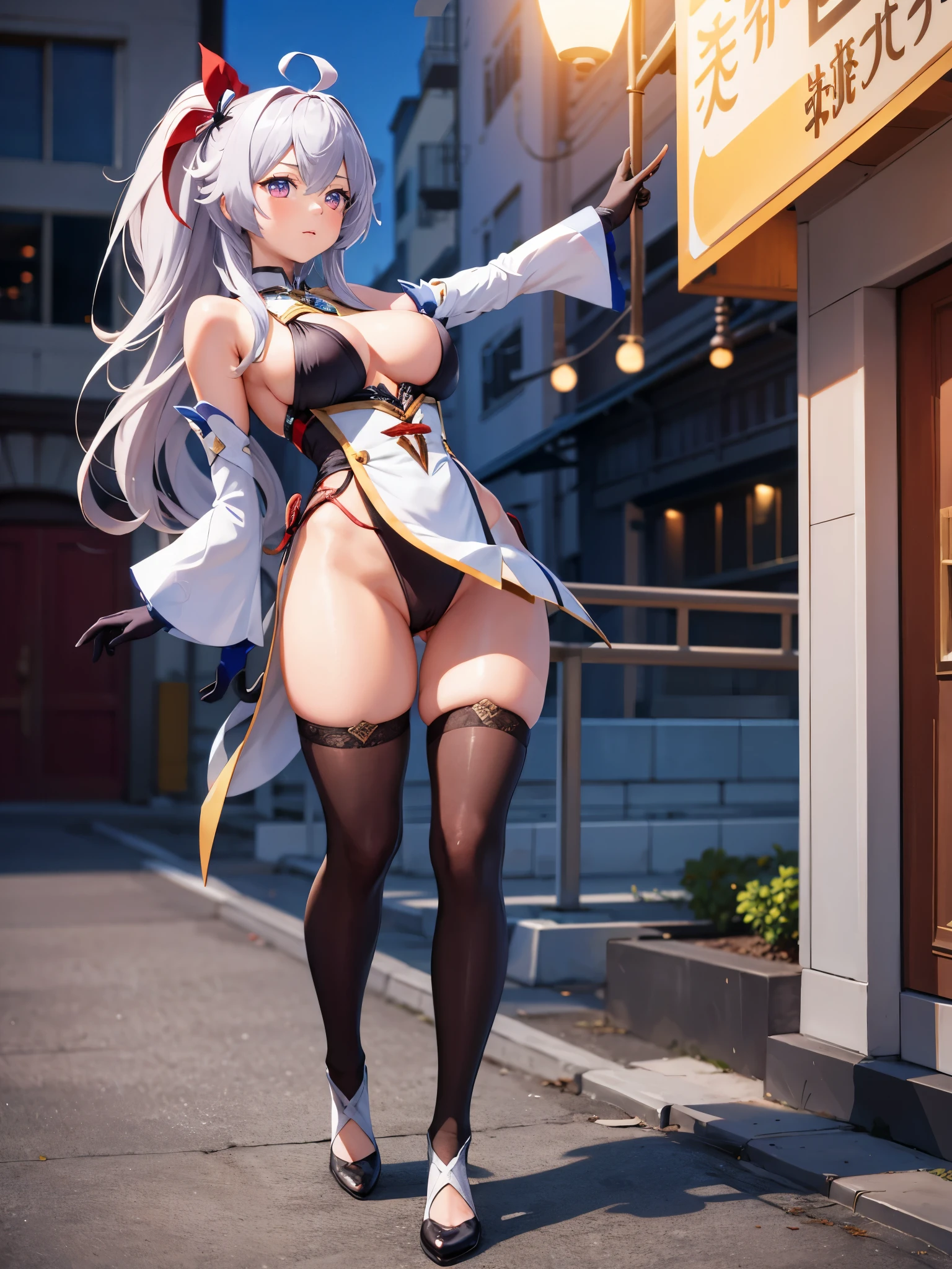 (1 girl),(high quality), (High resolution), (extremely detailed), (8K),(lower body shot),(Amane is wearing Genshin Impact costume and panties.),(wearing black knee-high stockings)not wearing shoes,perfect writing,(Beautifully erect nipple shape:1.2),High resolutionの美しい目,(neutral white lighting:1.2),Walking around the city during the day