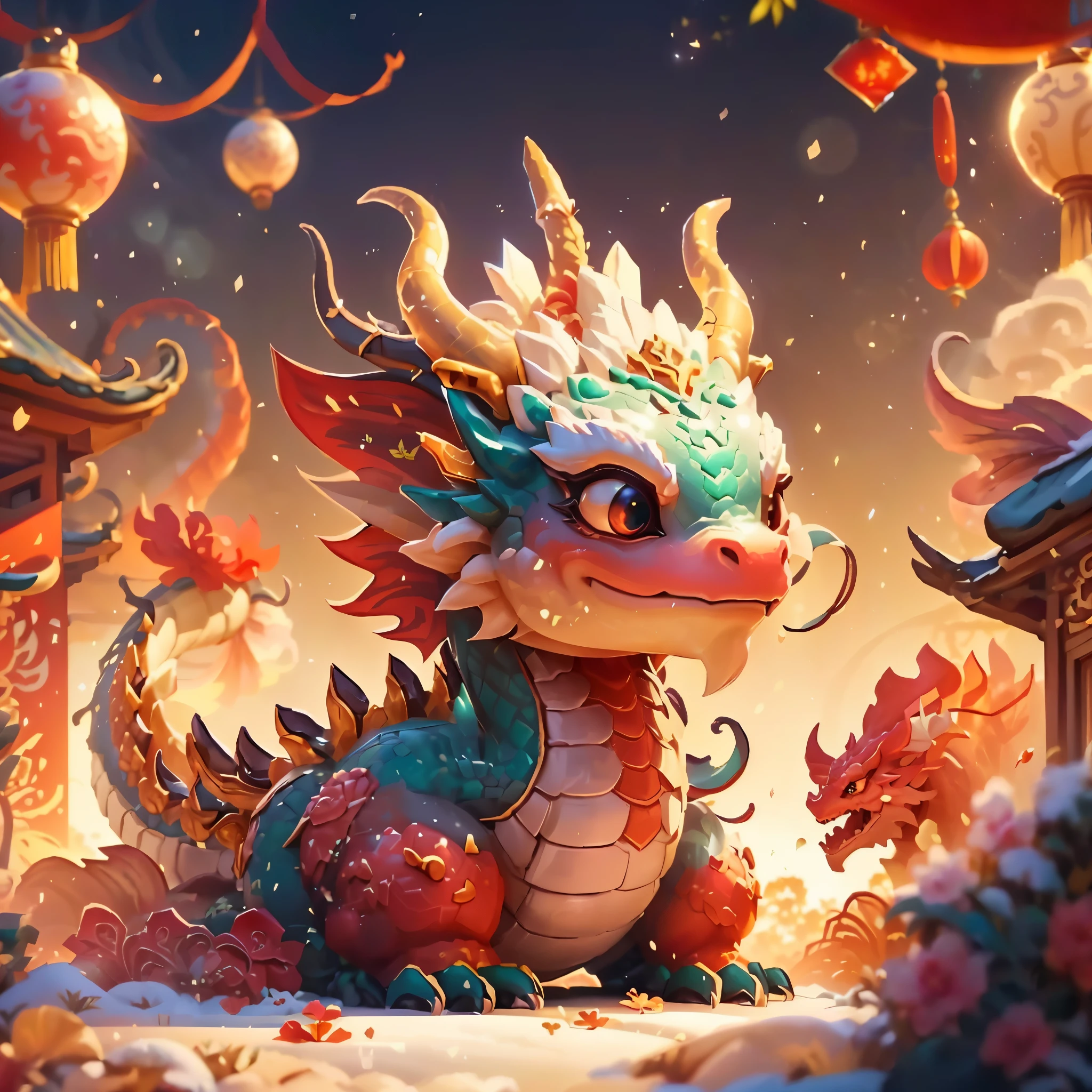 There  a dragon statue in the center of the garden, Cute and detailed digital art, Cute little dragon, Chinese dragon concept art, cute digital painting, author：Ye Ruian, Popular topics on cgstation, smooth Chinese dragon, Chinese dragon, [ CGSociety Trends ]!!, author：hero, Digital painting  very detailed, Highly detailed digital painting, rossdraws global illumination