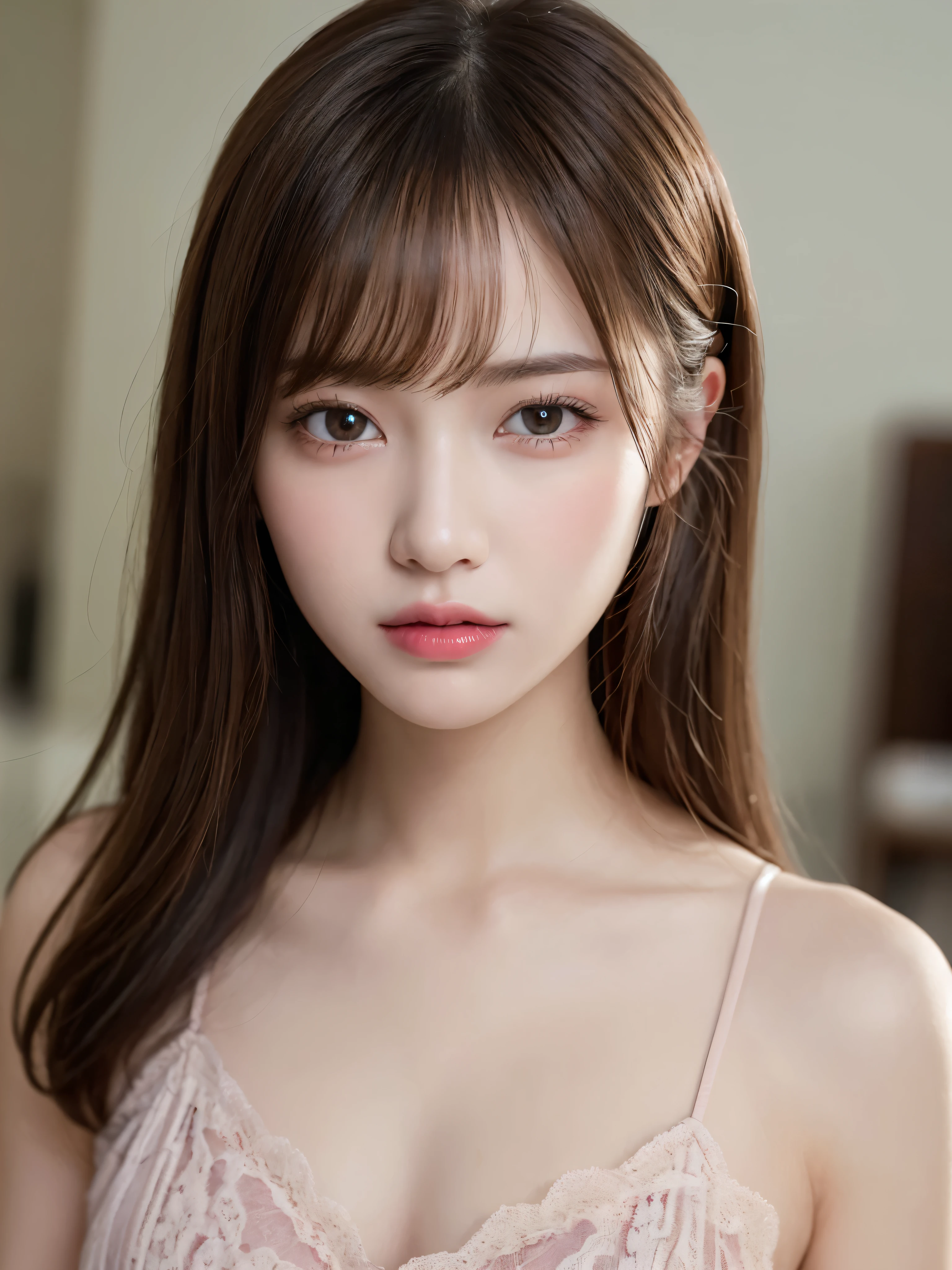 ((NSFW))、(masterpiece:1.5)、(8K)、(realistic:1.5)、Live shooting、(best image quality:1.4)、(sharp focus:1.5)、 highest quality、masterpiece、ultra high resolution、perfect dynamic composition、 thin、indoors、cute woman:1.4、serious expression、 Wearing a pink party dress、 light brown hair、Random cute hairstyles、shining hair、 super detail face、fine eyes、double eyelid、 natural color lip、transparent skin、