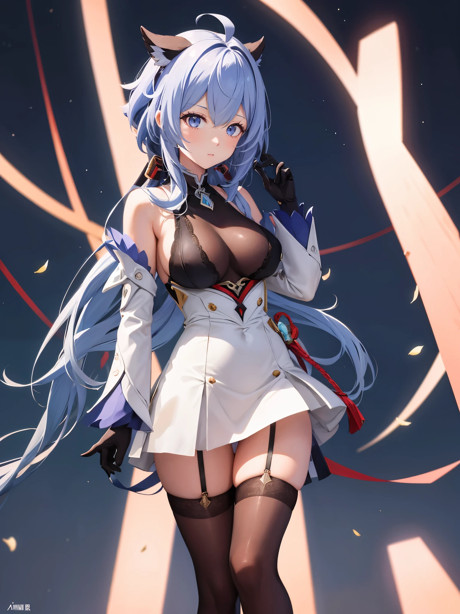 (1 girl),(high quality), (High resolution), (extremely detailed), (8K),(lower body shot),(Amane is wearing Genshin Impact costume and panties.),(wearing black knee-high stockings)not wearing shoes,perfect writing,(Beautifully erect nipple shape:1.2),High resolutionの美しい目,(neutral white lighting:1.2),Walking around the city during the day