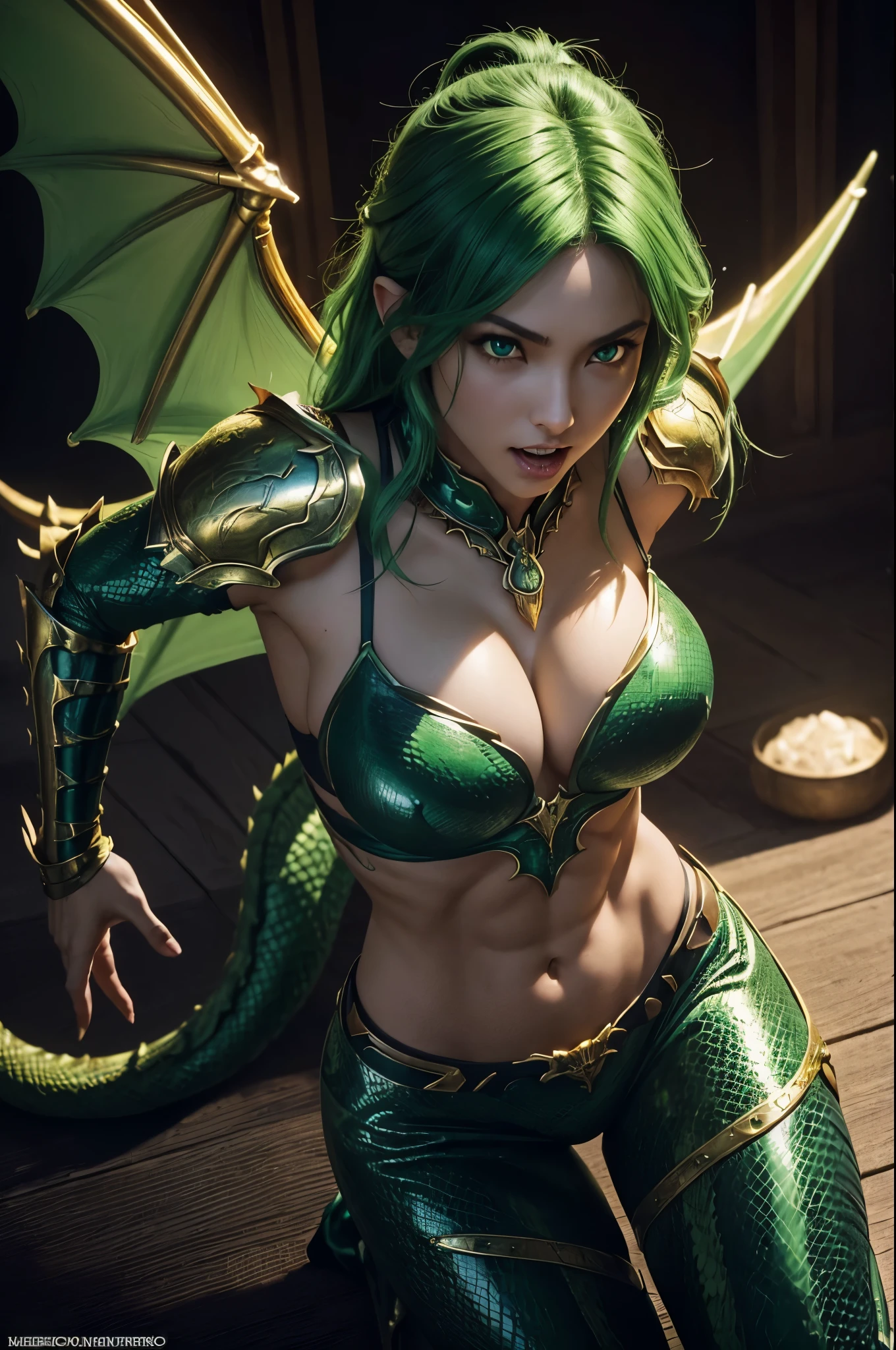 8K,crawl on all fours,A dragon woman with a dragon body,Super beautiful(like the real thinuscular female body,super realistic skin,golden eyes like a snake,green punk hair,gorgeous green armor,gorgeous green shoulder armor,luxury black pants,gorgeous green gauntlet,have a trident,gorgeous green waist armor,gorgeous green leg armor,Dragon wings are growing,dragon horn,ultra high resolution,Large fangs grow from the mouth,rich colors, Backlight, cinematic lighting, film grain,RAW, 50mm lens,nikon D850,sexy armor,Severely cracked abdominal muscles,Charm,Emphasize cleavage,seductive pose,sexy pose,very big breasts,very big breastsの谷間を見せる,perspective from above,