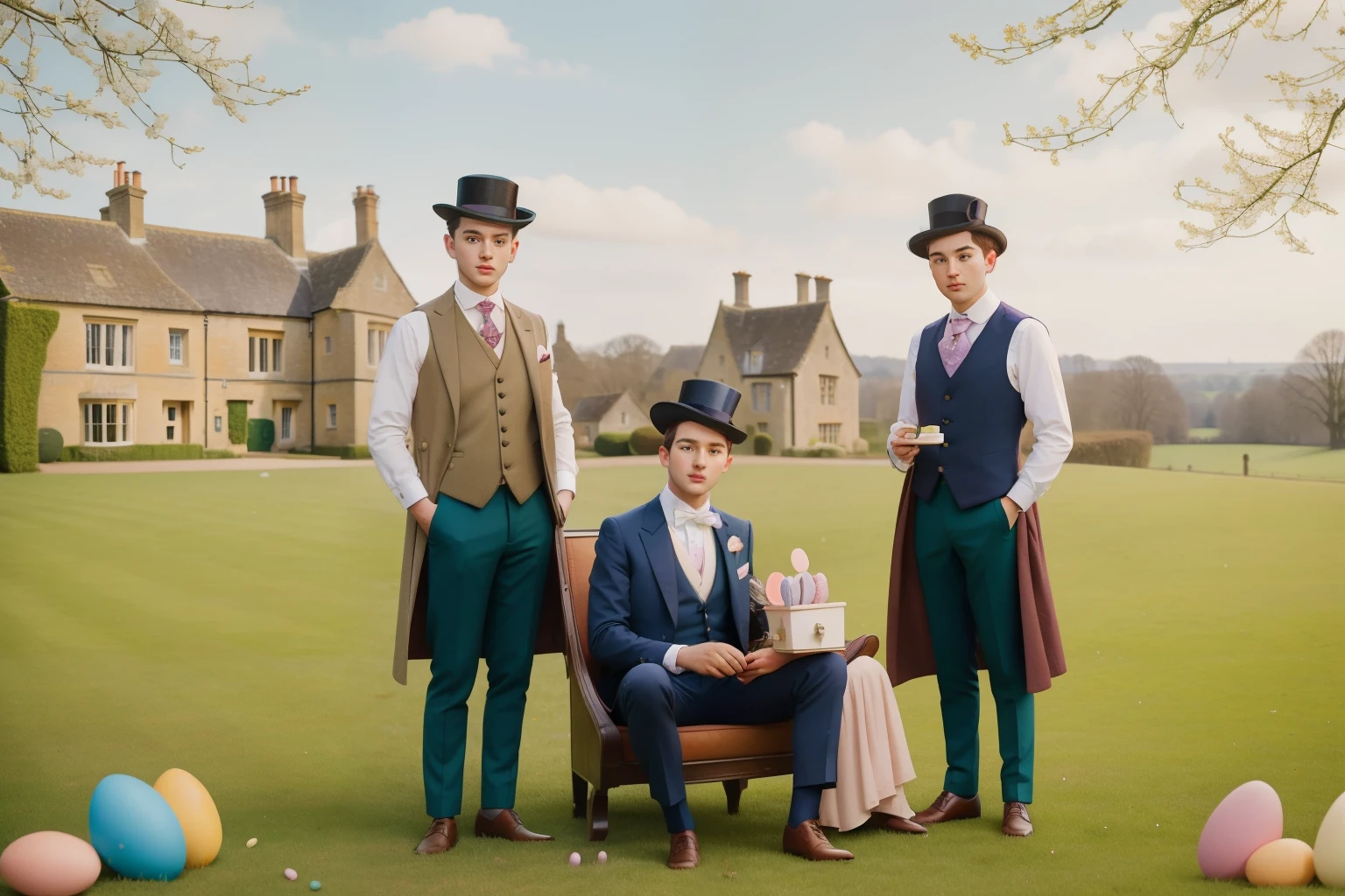 1910s English Manor Easter Egg Hunt (Location: Cotswolds): Craft an image of a young man in his twenties with a top hat and a waistcoat, hosting an Easter egg hunt on the grounds of a picturesque Cotswolds manor. The scene is adorned with pastel-colored eggs, elegant guests, and the joyous anticipation of the hunt. Illuminate the Easter egg hunt in Wes Anderson's sophisticated and pastel color tones, capturing the charm of an English countryside celebration.