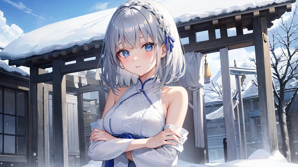 super high quality, girl, 20-year-old, とてもshort hair, long bangs between the eyes, pale blue eyes,, very detailed,(masterpiece、highest quality)、alone、gray hair、laughter、White skin as clear as snow, silver hair, black eye, beautiful eyes, Miko costume,shrine、short hair,blue sky , sunlight,
