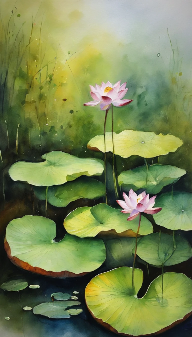 Teiche，Dew on lotus leaves，There is a street next to it，carefully，Verschmieren，low saturation，geringer Kontrast，Beautifully presented，Werke von Meistern，tMeisterwerk