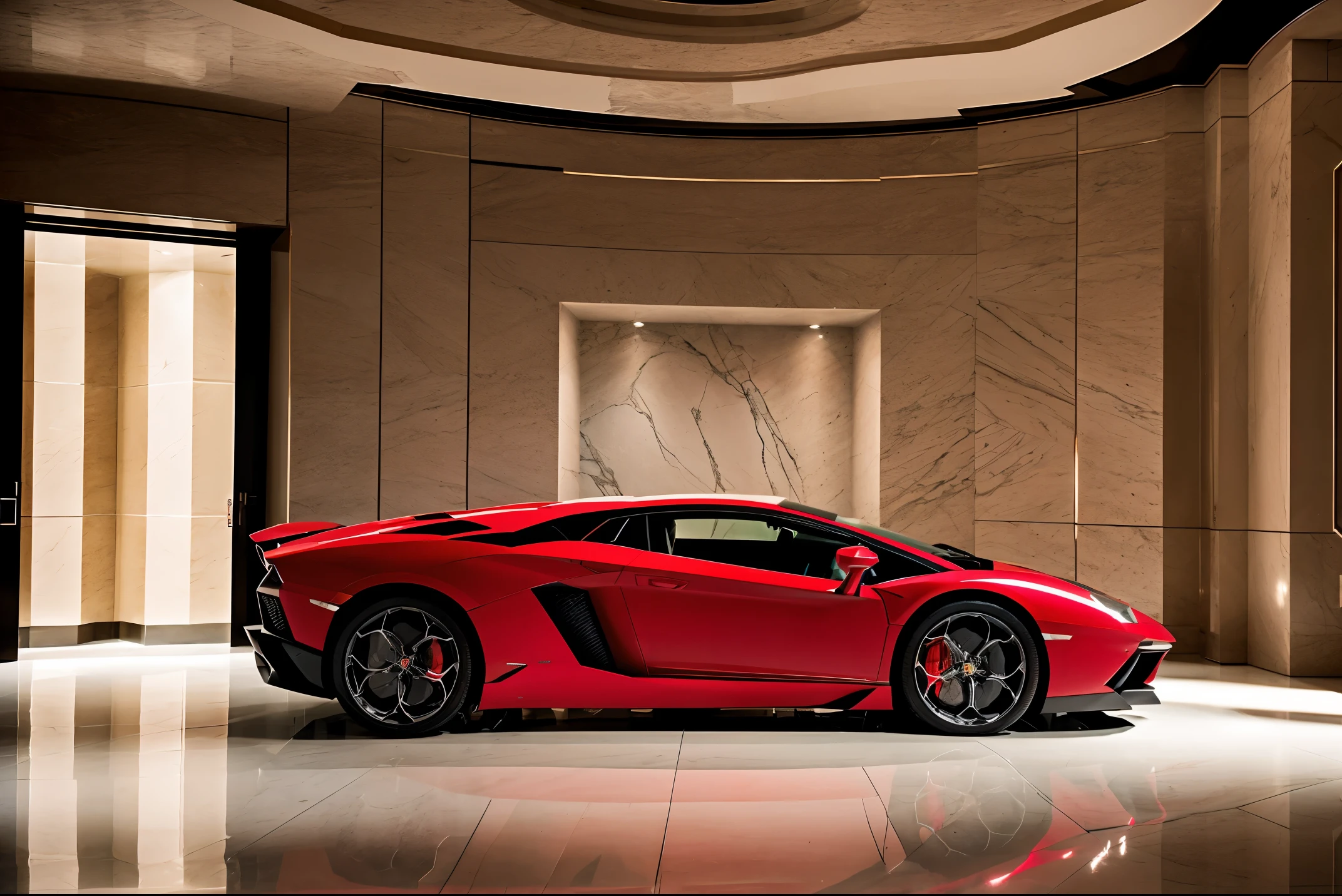 red lamborghini aventador　　Detailed and high quality　Realistic three-dimensional feel　beautiful background　Parked in front of the marble entrance of a luxury condominium.　beautiful lighting　beautiful street　stylish apartment　(Shooting from the side:1.3)