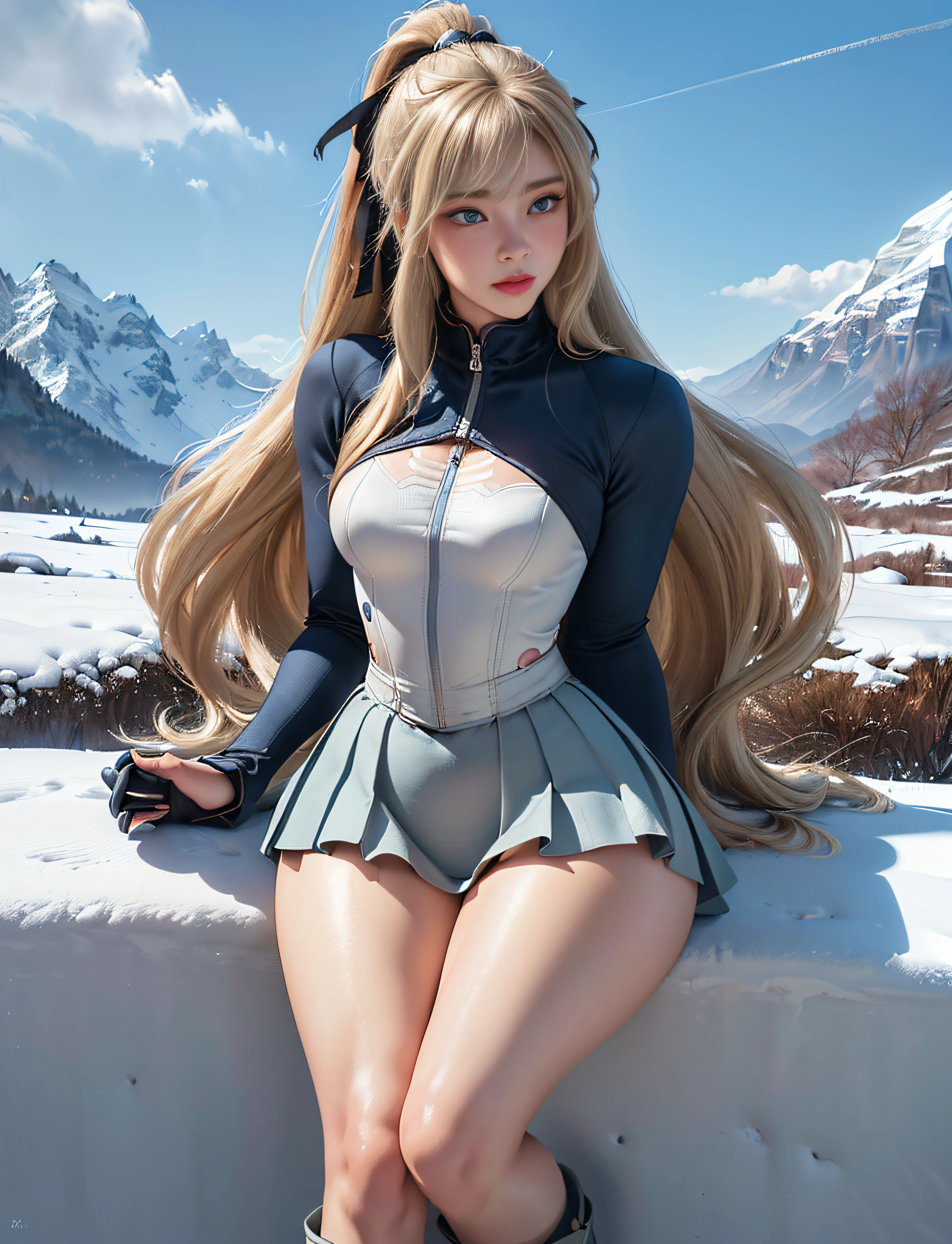 very detailed RAW color photo, (((1 girl))), (((alone))), (((30 years))), ((athletic)), ((very defined toned physique)), ((very defined and beautiful muscular body)), (((very detailed perfect body))), (((small and defined breasts))), (((ultra defined curves))), (((superior quality, 8k, masterpiece: 1.3)), sharp focus: 1.2, (((extremely beautiful girl with perfect figure: 1.4))), ((very thin waist: 1.2)), ultra detailed skin texture, ((perfect and beautiful hands)), ((smooth and soft skin)), (ultra detailed fabric texture), extremely beautiful ultra detailed face, (((extremely beautiful))), intricate details, ultra detailed, (((she wears a leather jacket with skirt and hiking boots))), (((extremely long straight blonde hair))), extremely beautiful, (((extra long ponytail with bangs))), ((very detailed and beautiful tiger ears)), (hair on the face), ((hair ribbon)), dynamic pose, ((uniform leaves thighs exposed)), ((ultra detailed legs)), (((ultra detailed waist))), (((very wide hips))), (((very thick thighs))), (sexy), (((extreme hourglass figure))), (((very thick heart lips))), ((red lipstick)), ((ultra detailed lips)), ((ultra detailed blue eyes)), ((angry look)), (((staring at the viewer))), ultra detailed provocative mouth, extremely beautiful seductive lips, ((blushing)), (makeup), (((ultra defined waist))), eye shadow, (full body shot), (hiking boots), in a snowy forest