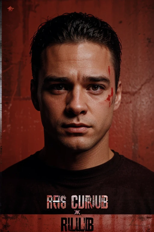 The fight club referee stands in the ring and ((explains the rules)) Fight club, ((red background, poster)), photorealistic